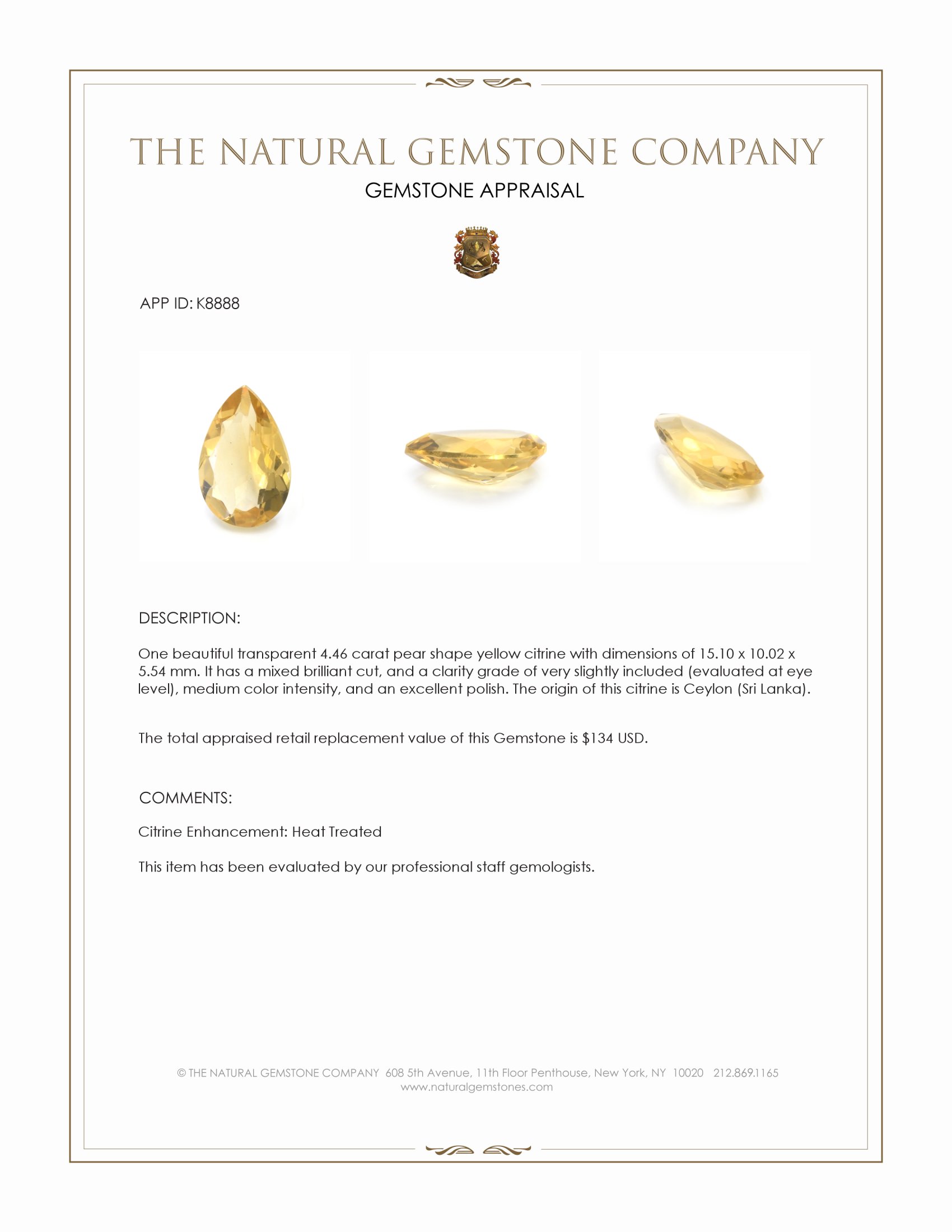 4.46 Ct. Citrine from Ceylon (Sri Lanka)