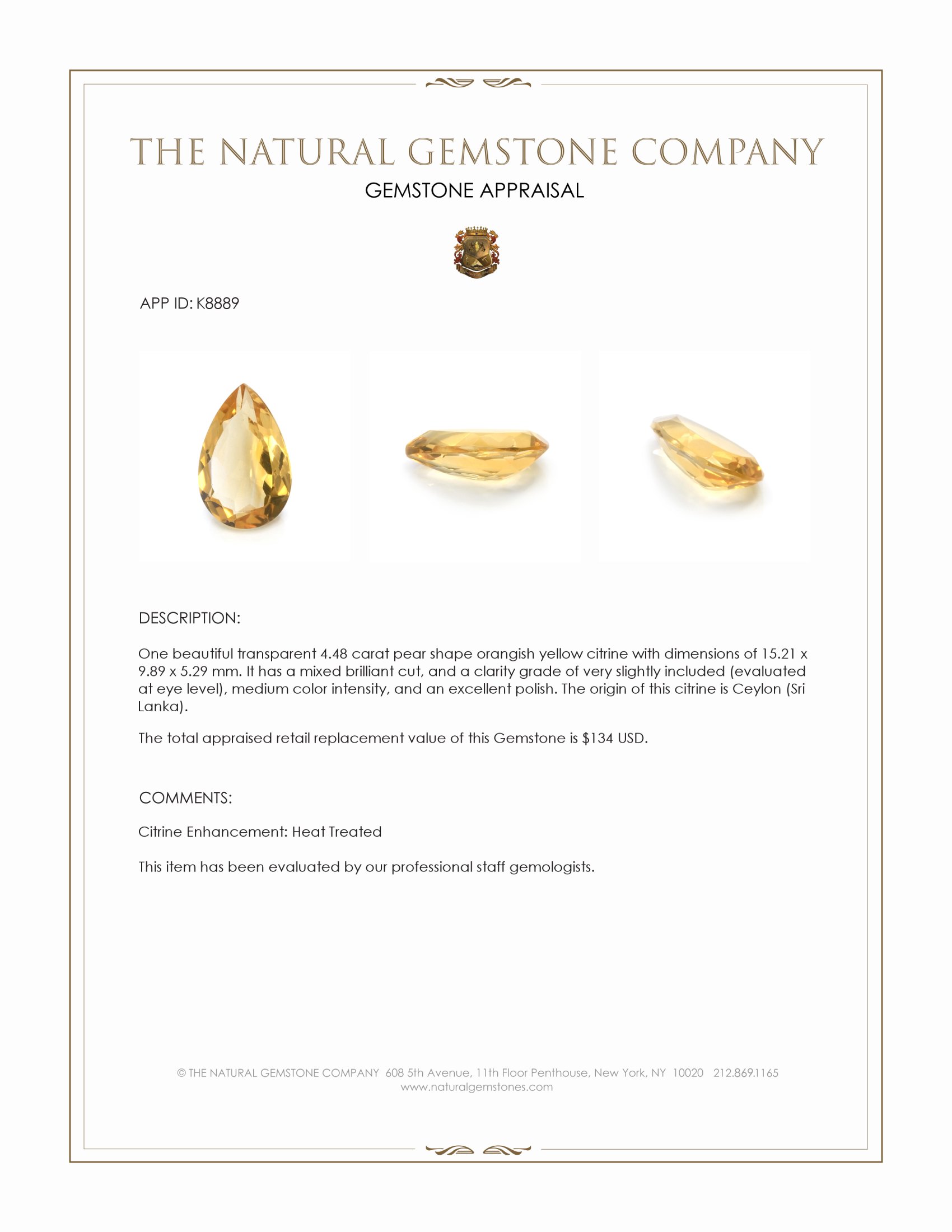 4.48 Ct. Citrine from Ceylon (Sri Lanka)