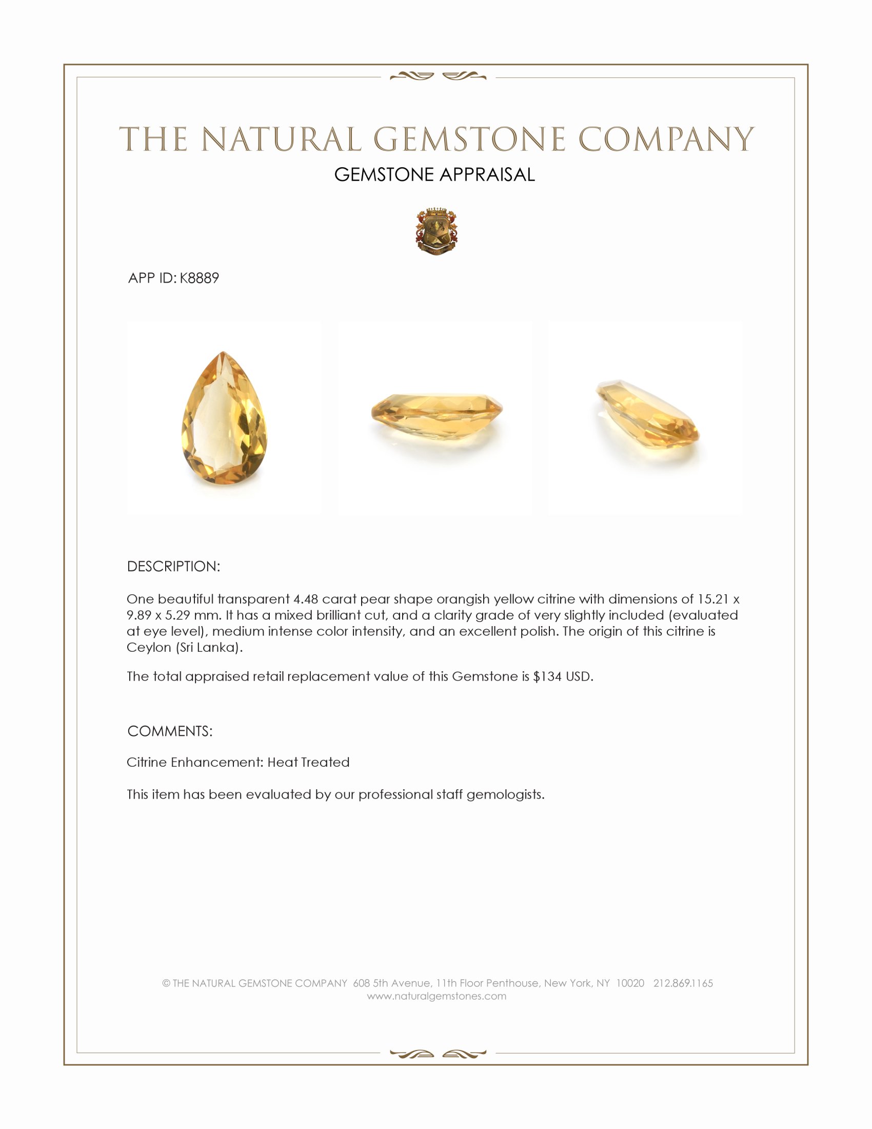 4.48 Ct. Citrine from Ceylon (Sri Lanka)