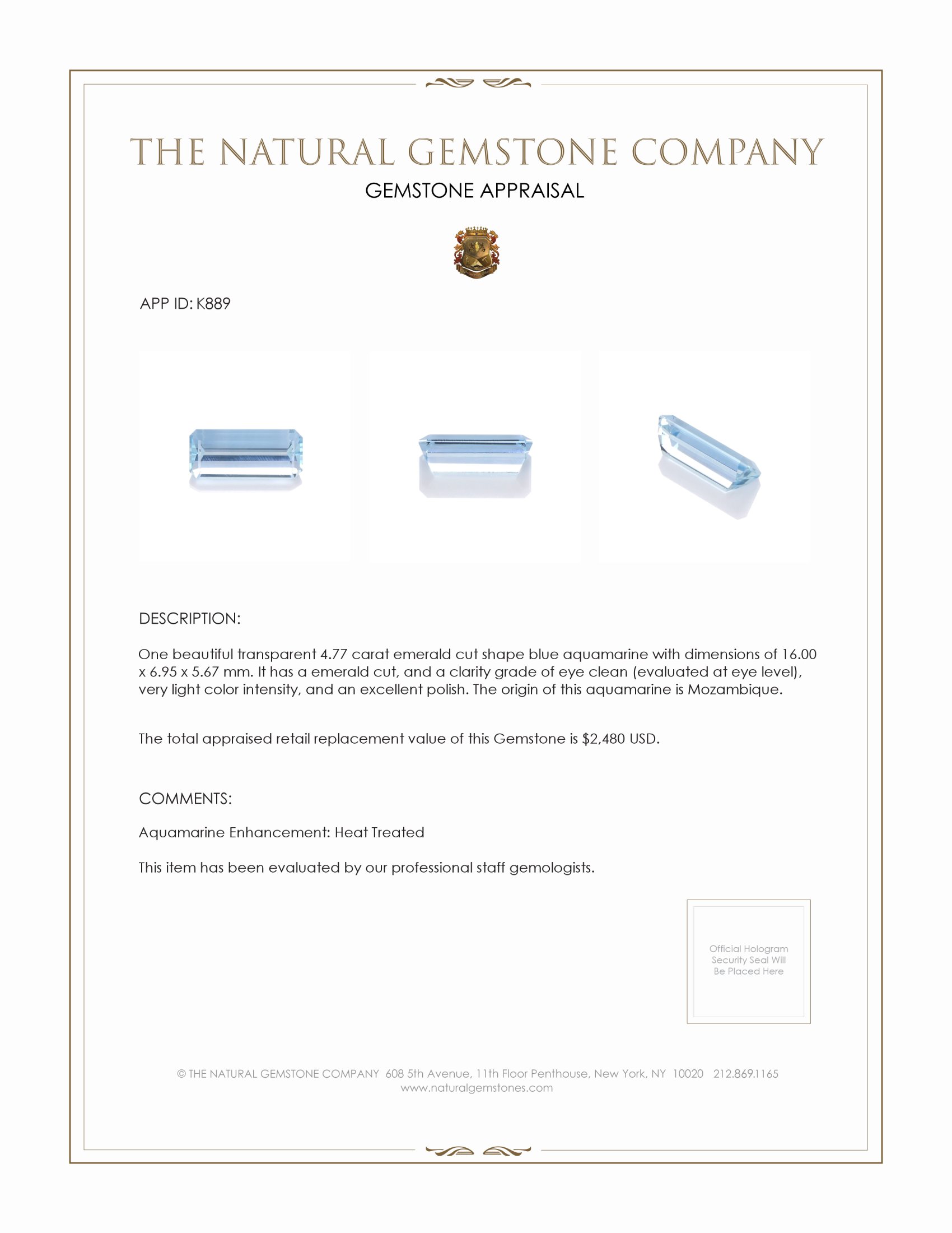 4.77 Ct. Aquamarine from Mozambique