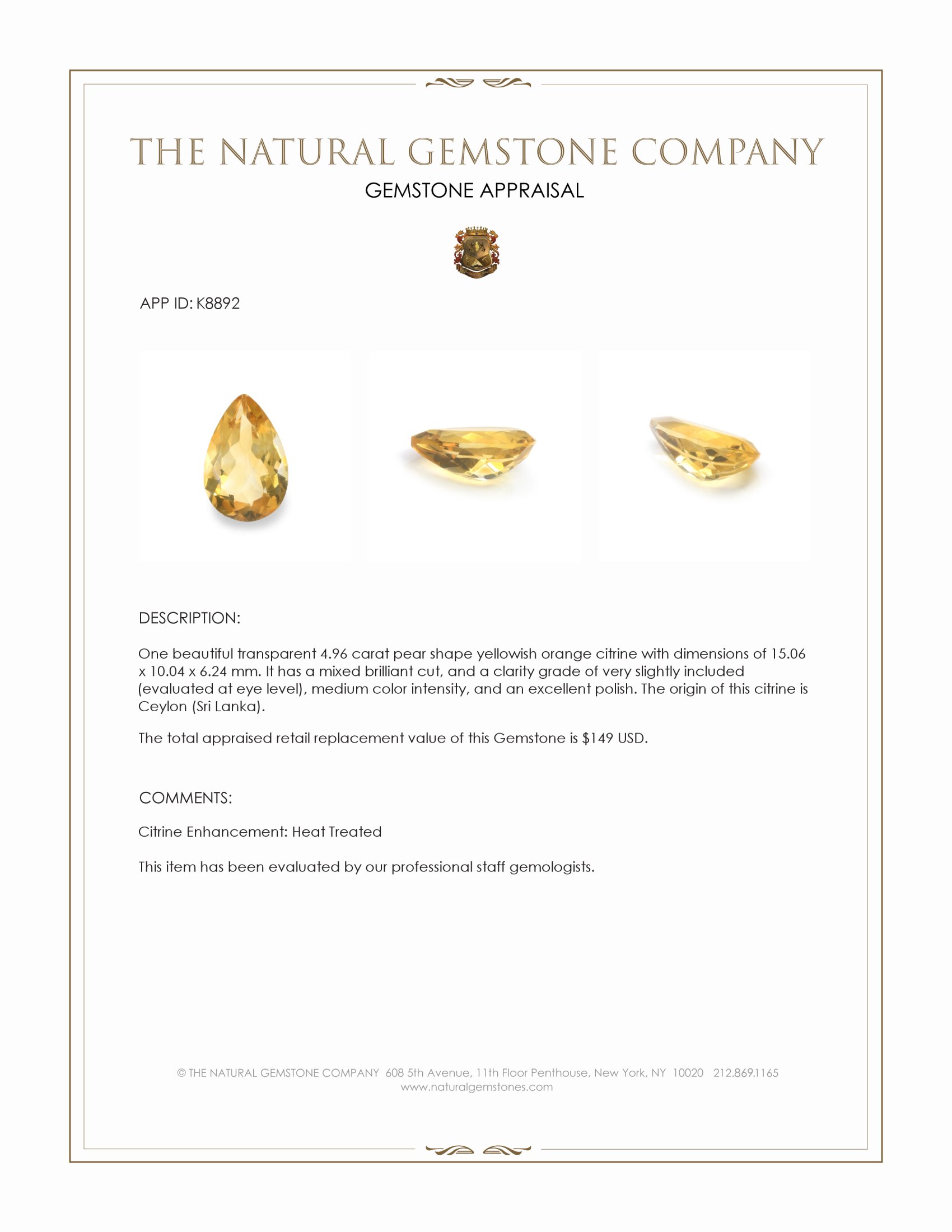 4.96 Ct. Citrine from Ceylon (Sri Lanka)