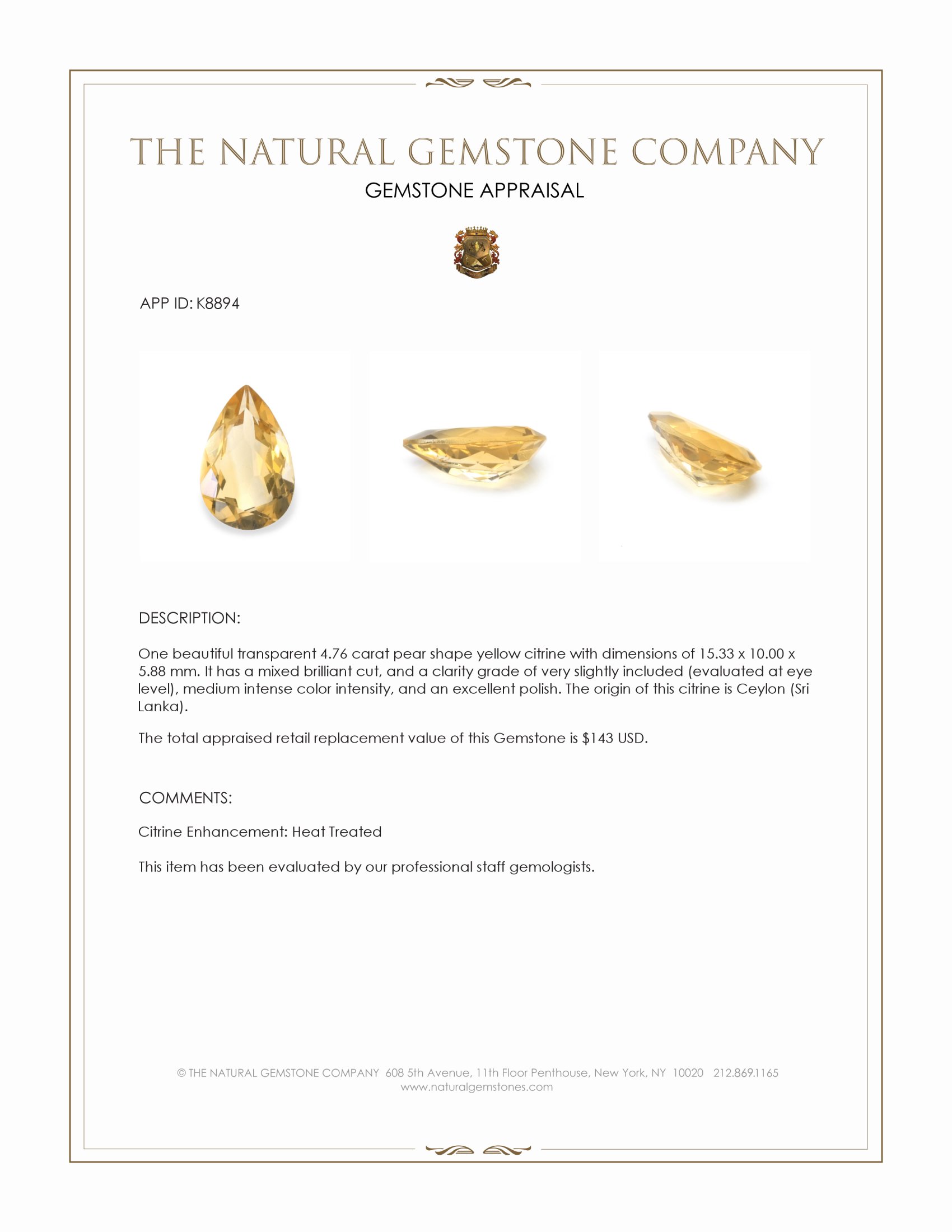 4.76 Ct. Citrine from Ceylon (Sri Lanka)