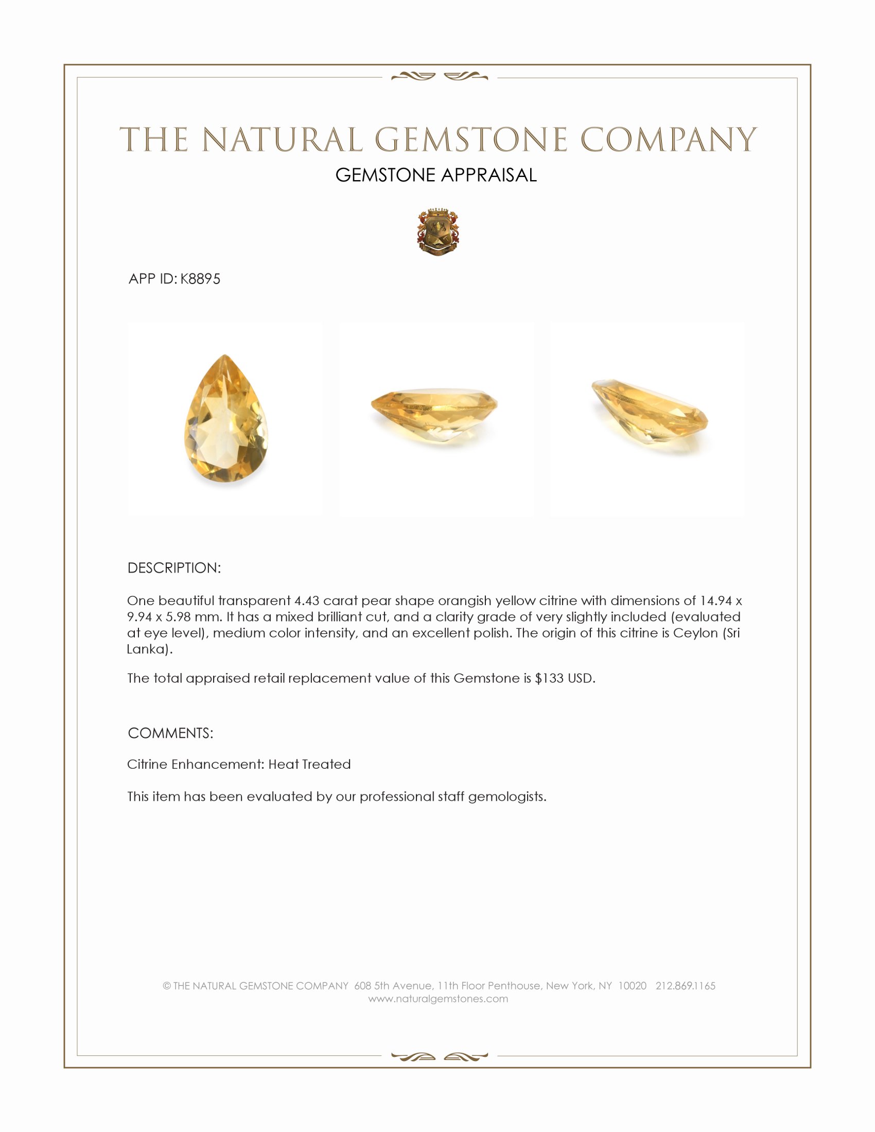 4.43 Ct. Citrine from Ceylon (Sri Lanka)