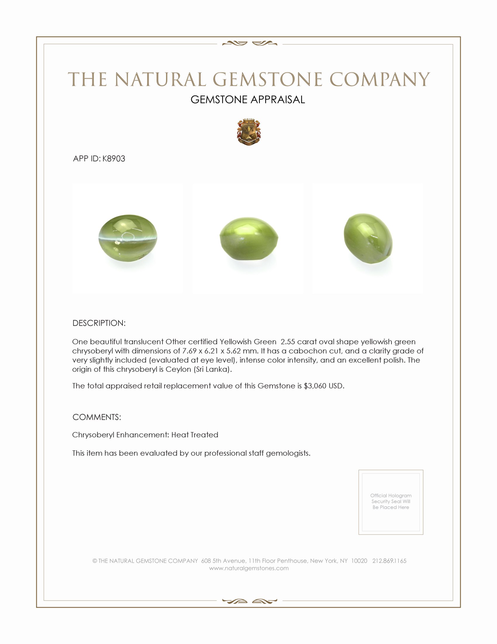 2.55 Ct. Cabochon Chrysoberyl from Ceylon (Sri Lanka)