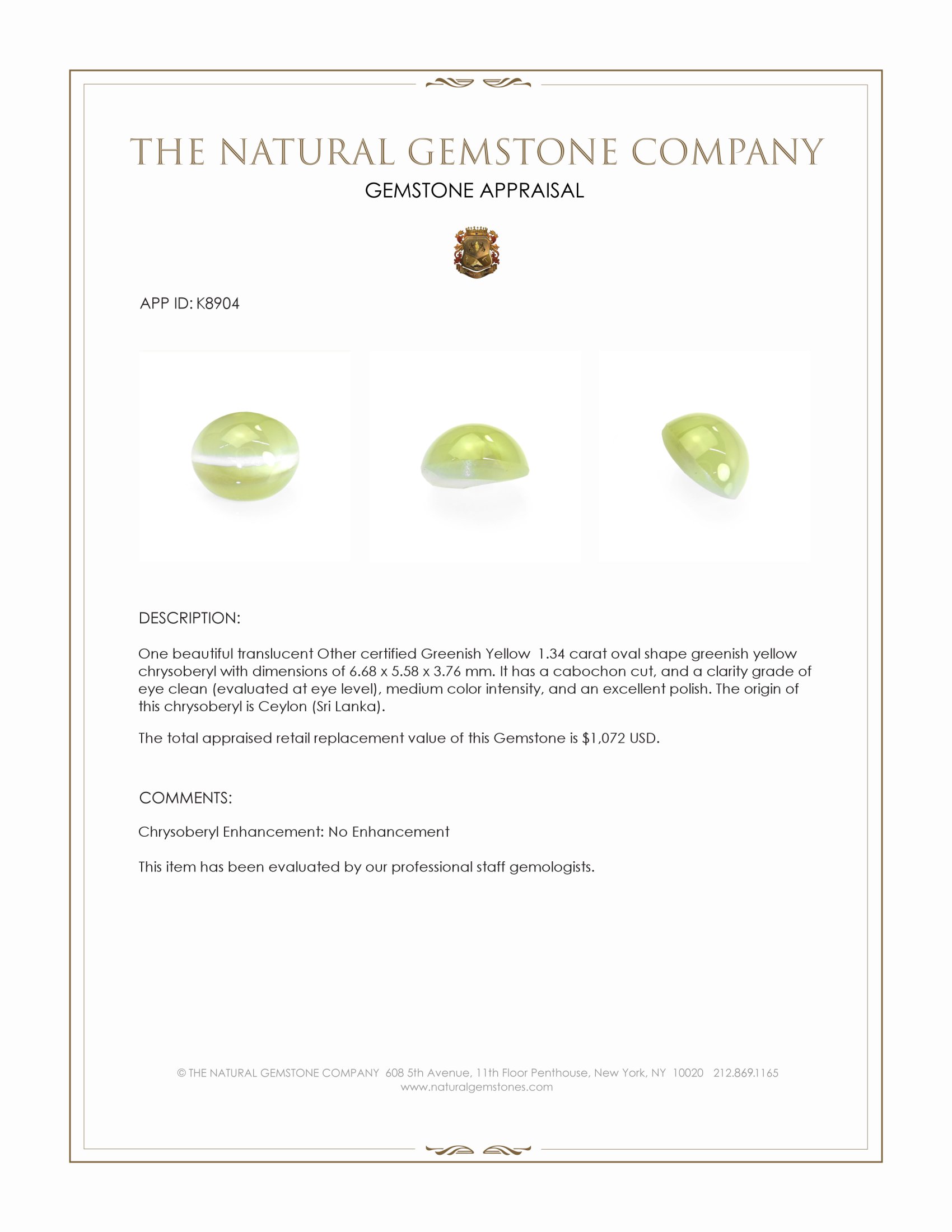 1.34 Ct. Greenish Yellow Cabochon Chrysoberyl from Ceylon (Sri Lanka)