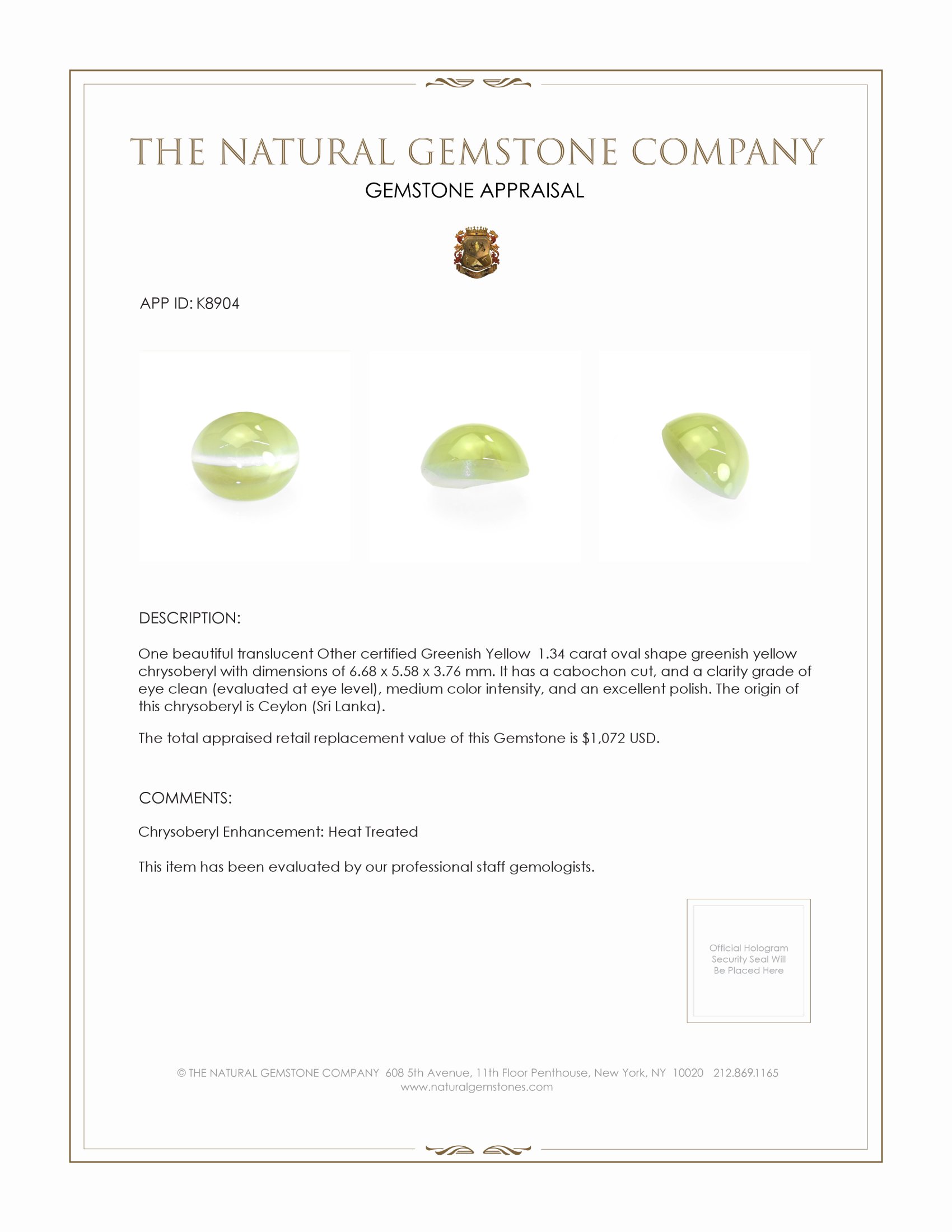 1.34 Ct. Cabochon Chrysoberyl from Ceylon (Sri Lanka)