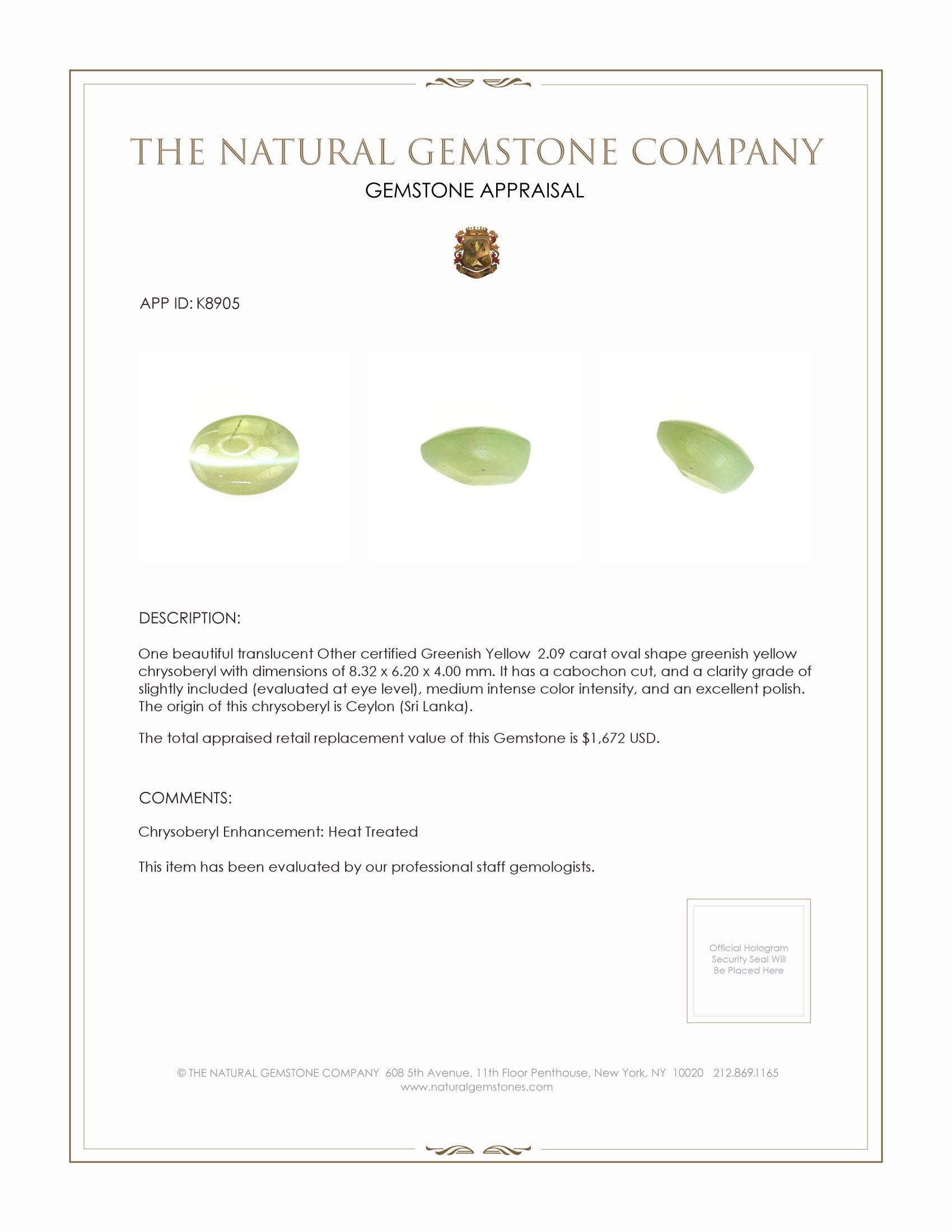 2.09 Ct. Cabochon Chrysoberyl from Ceylon (Sri Lanka)