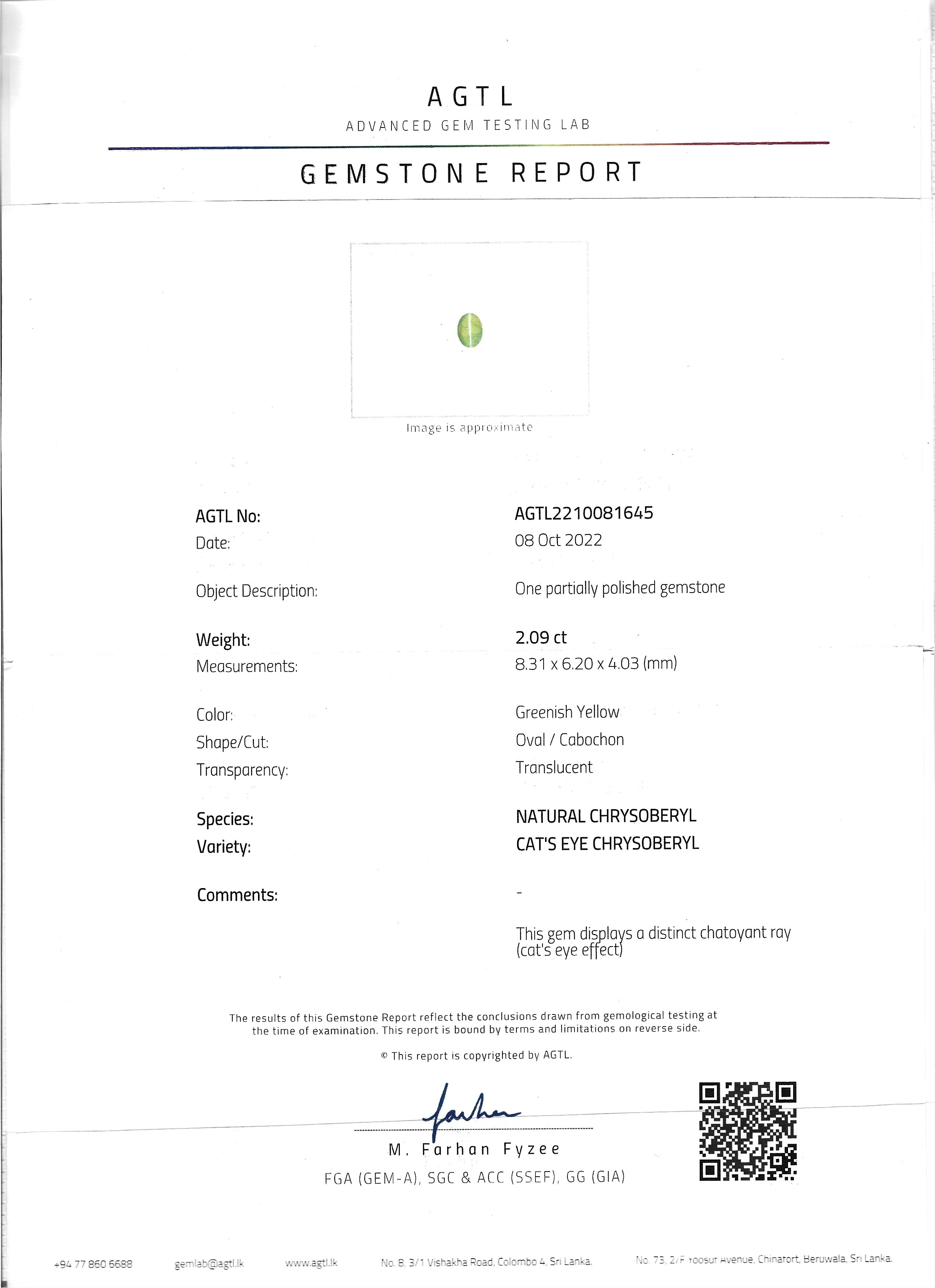 2.09 Ct. Cabochon Chrysoberyl from Ceylon (Sri Lanka)