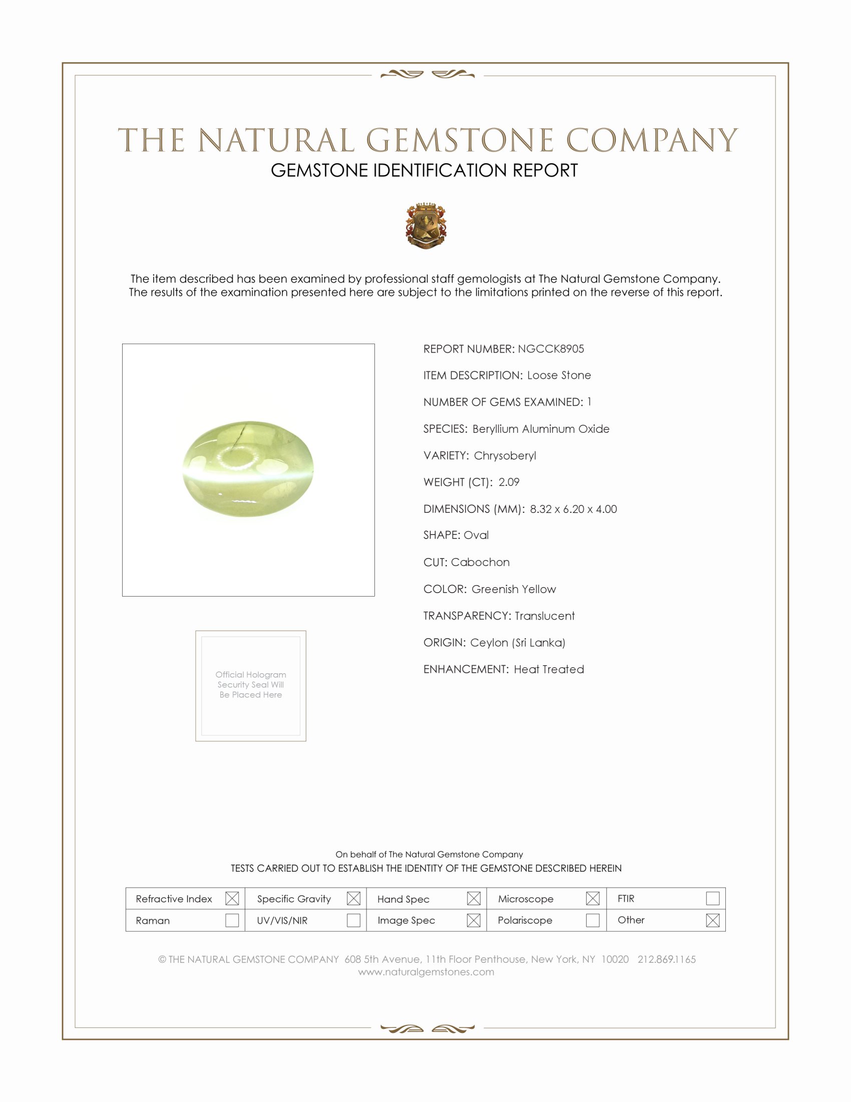 2.09 Ct. Cabochon Chrysoberyl from Ceylon (Sri Lanka)