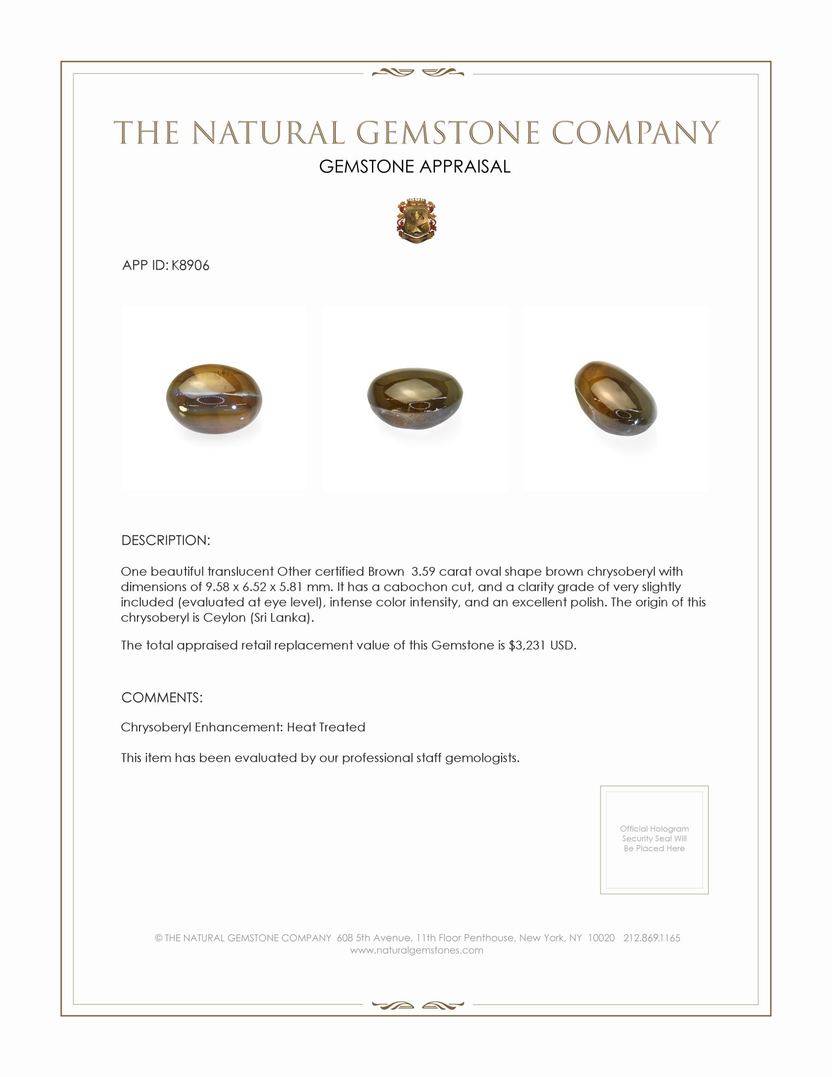 3.59 Ct. Cabochon Chrysoberyl from Ceylon (Sri Lanka)