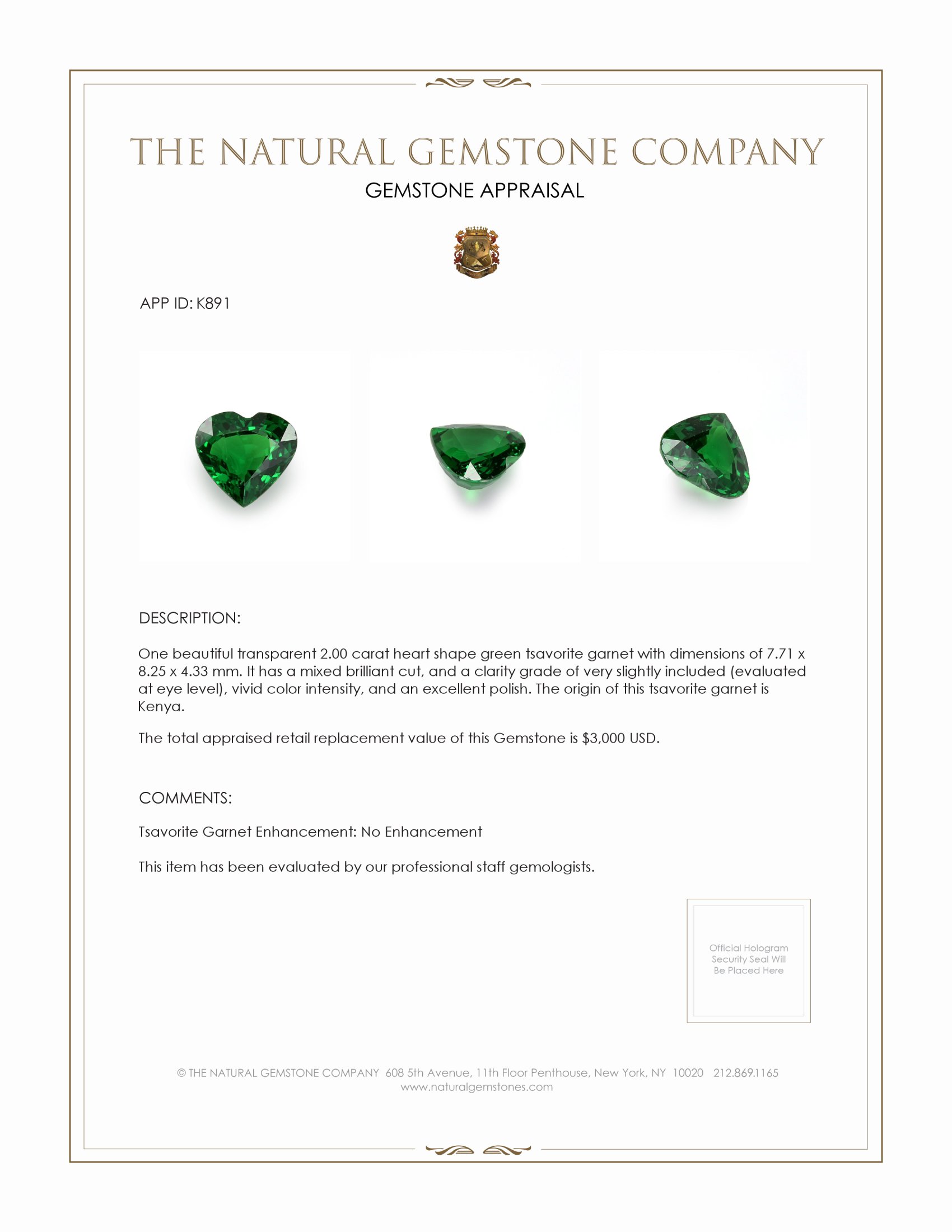 2.00 Ct. Tsavorite Garnet from Kenya