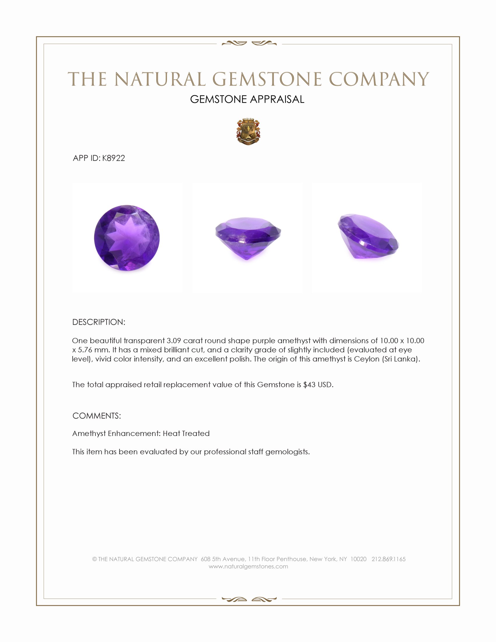 3.09 Ct. Amethyst from Ceylon (Sri Lanka)