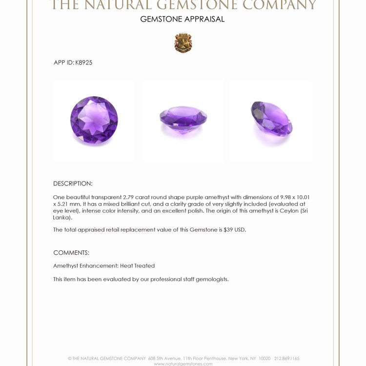 2.79 Ct. Amethyst from Ceylon (Sri Lanka)
