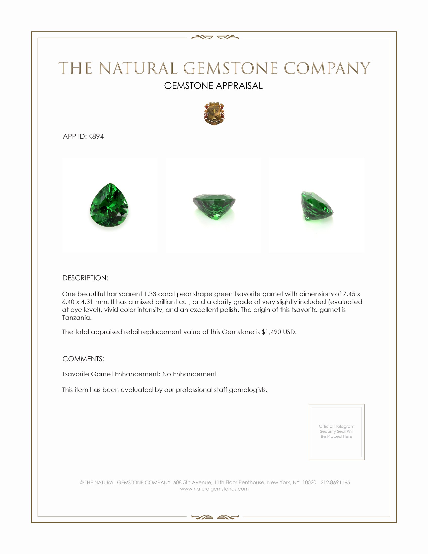 1.33 Ct. Tsavorite Garnet from Tanzania