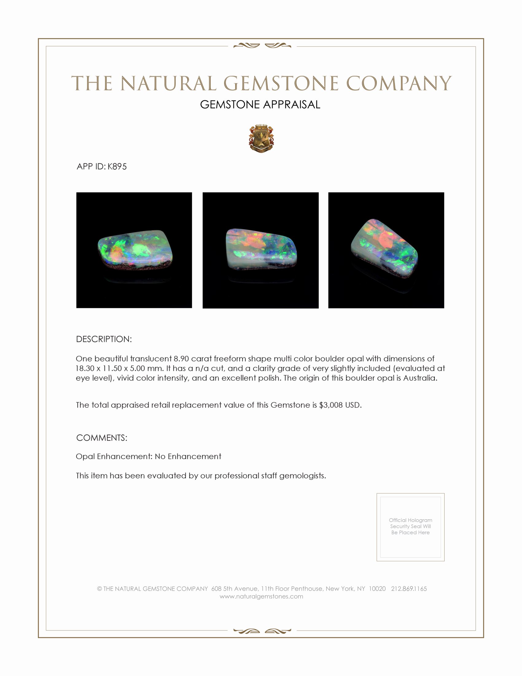 8.90 Ct. Boulder Opal from Australia