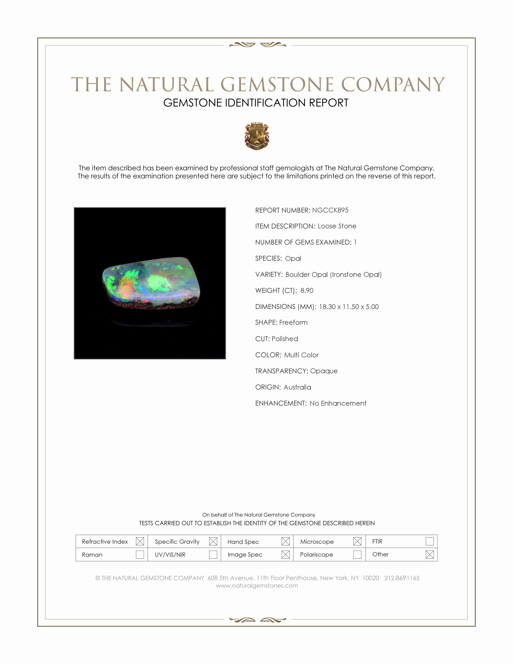 8.90 Ct. Multi Color Boulder Opal (Ironstone Opal) from Australia