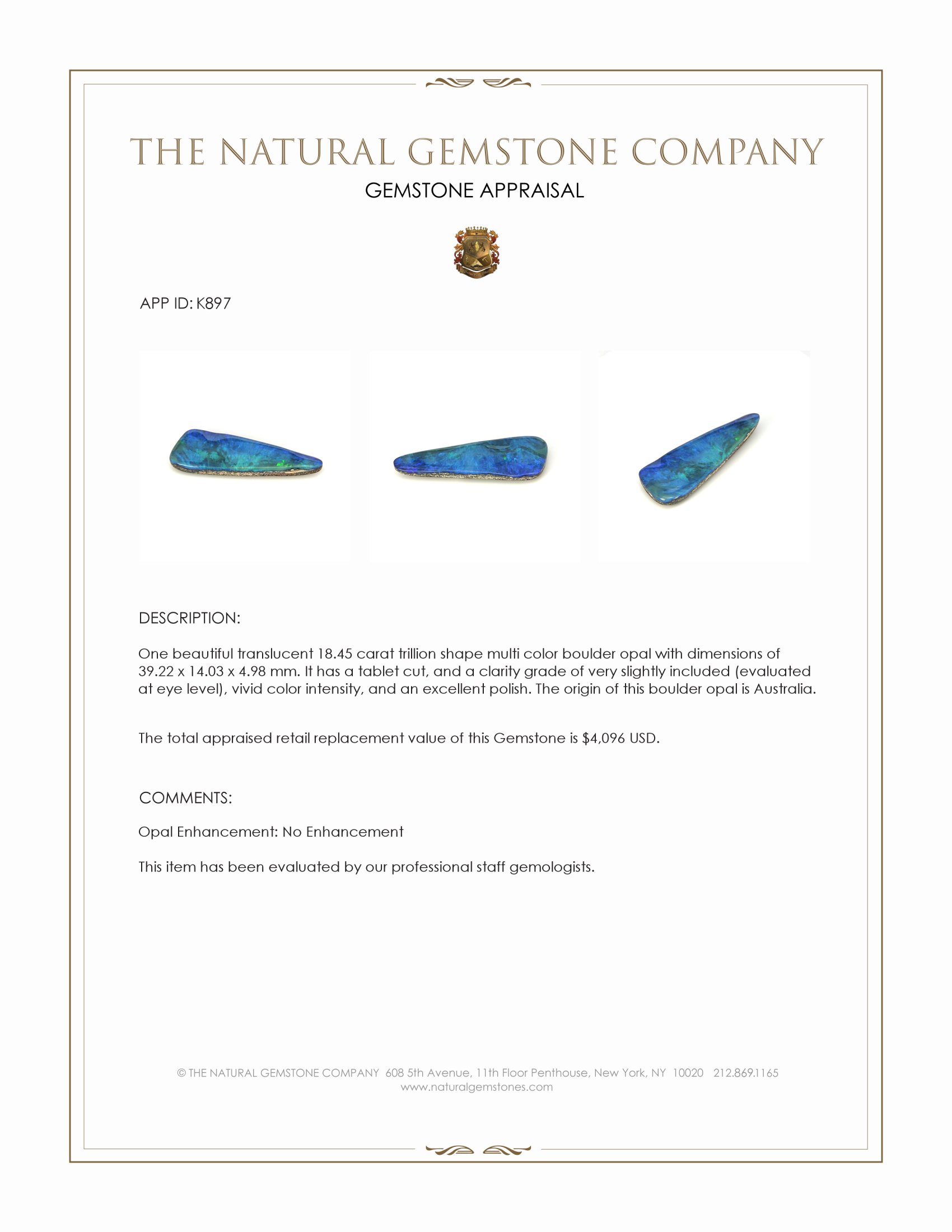 18.45 Ct. Multi Color Boulder Opal from Australia