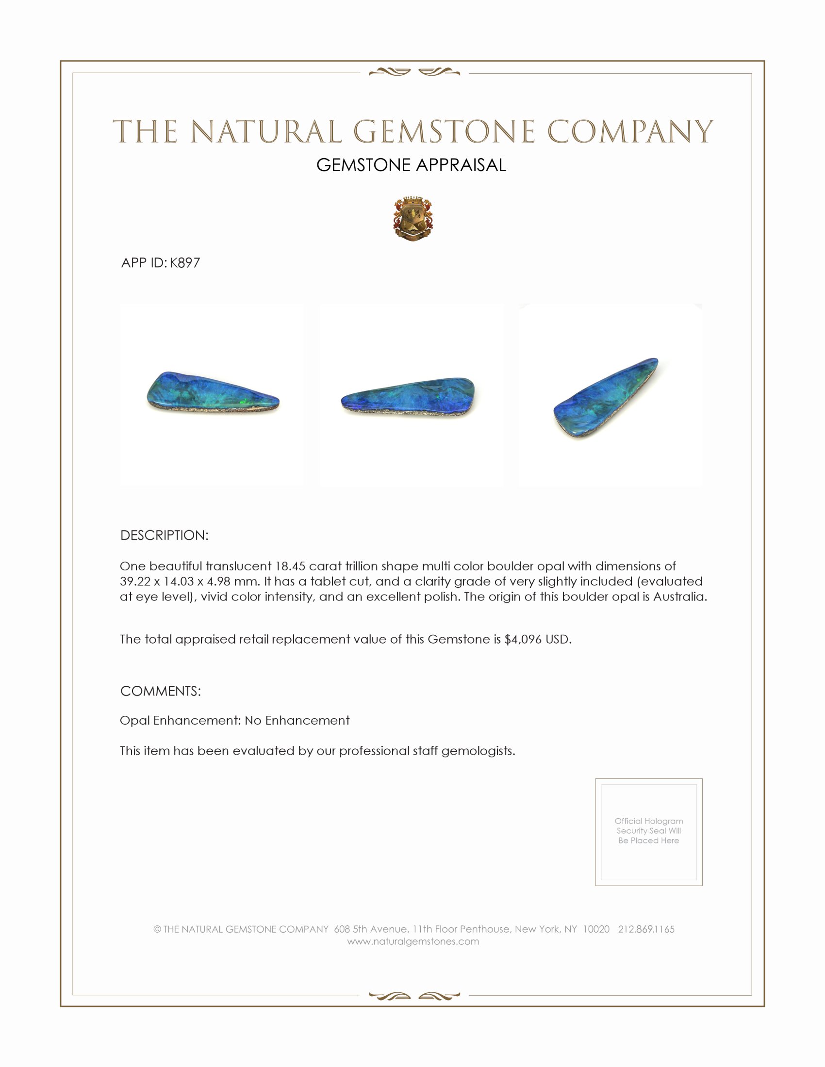 18.45 Ct. Boulder Opal from Australia