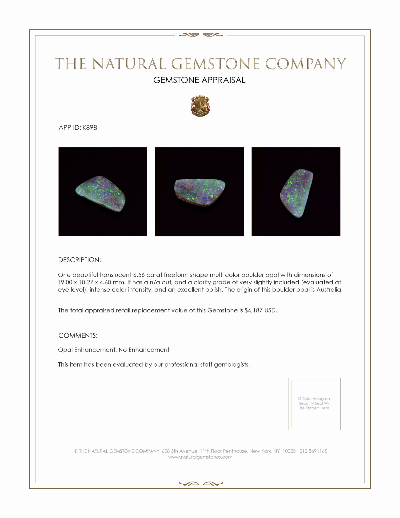 6.56 Ct. Boulder Opal from Australia