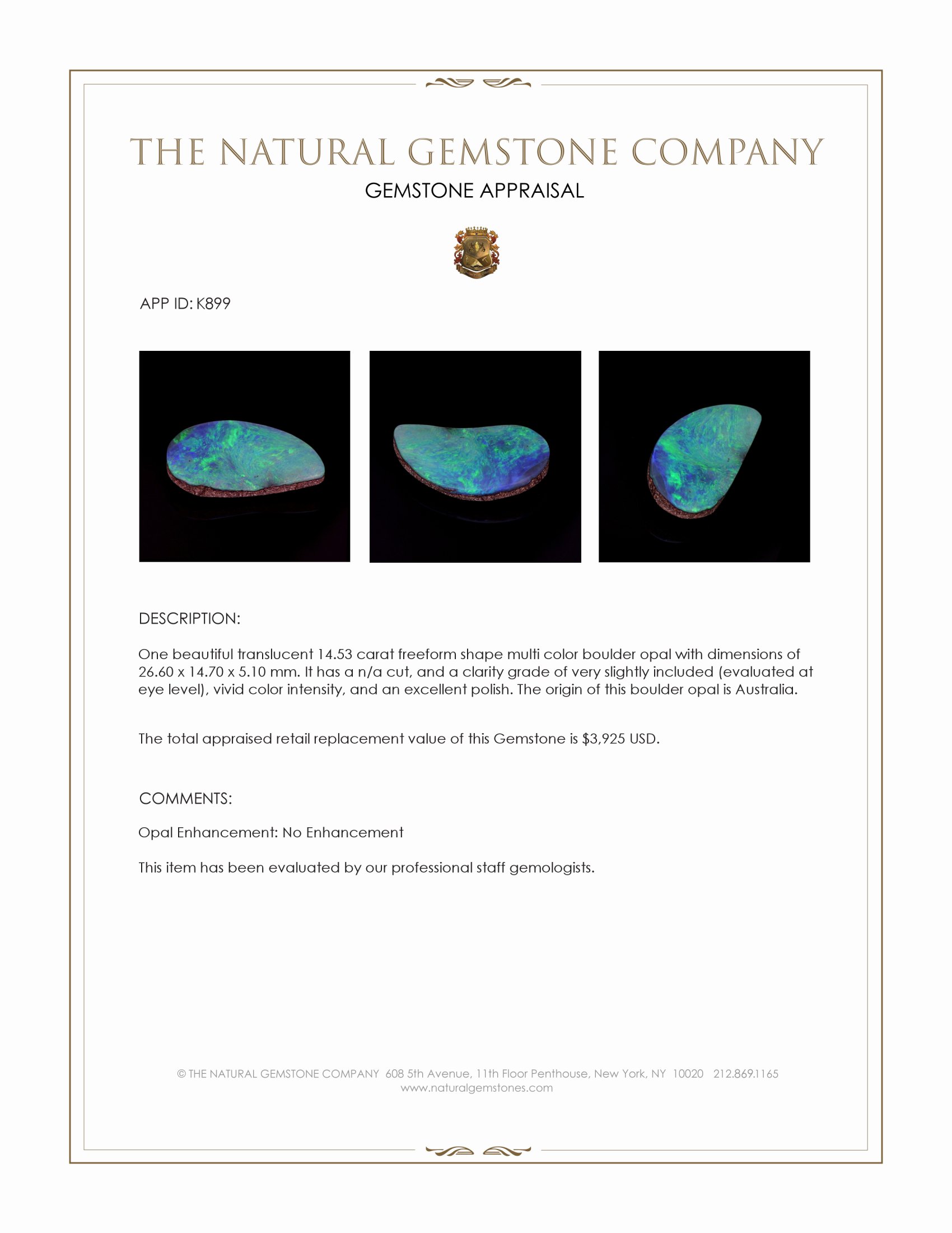 14.53 Ct. Multi Color Boulder Opal from Australia