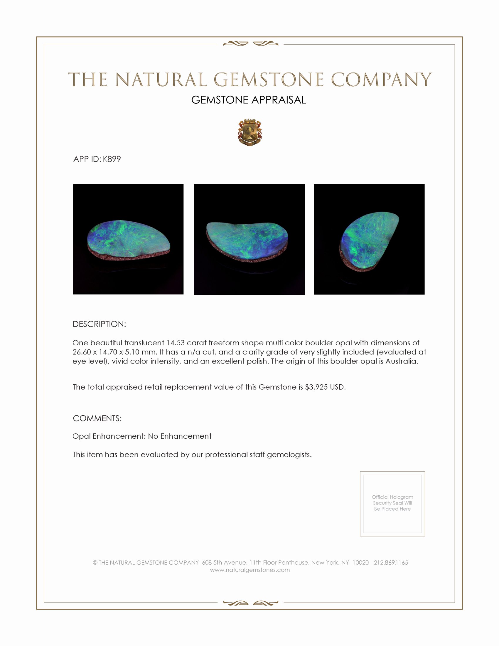 14.53 Ct. Boulder Opal from Australia