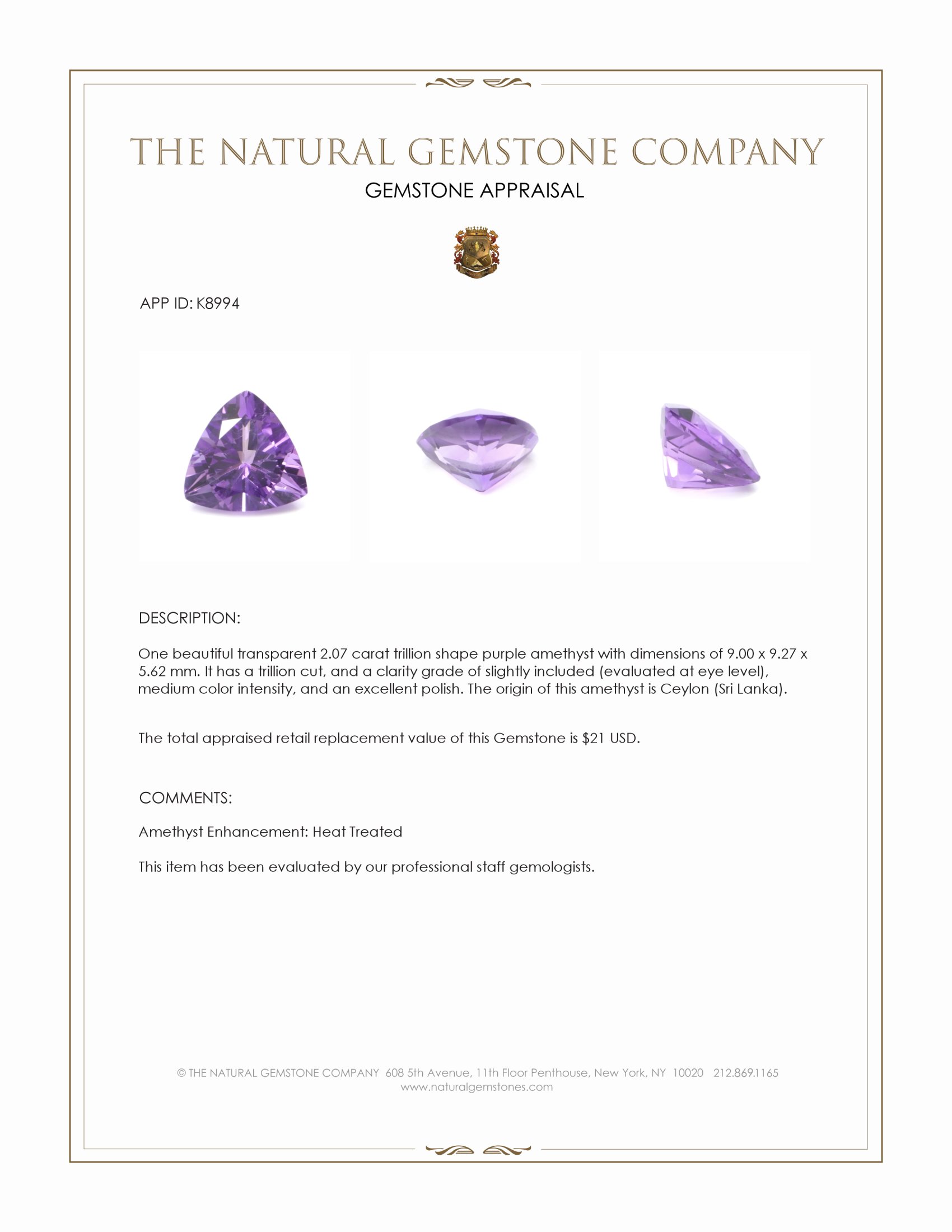 2.07 Ct. Purple Amethyst from Ceylon (Sri Lanka)