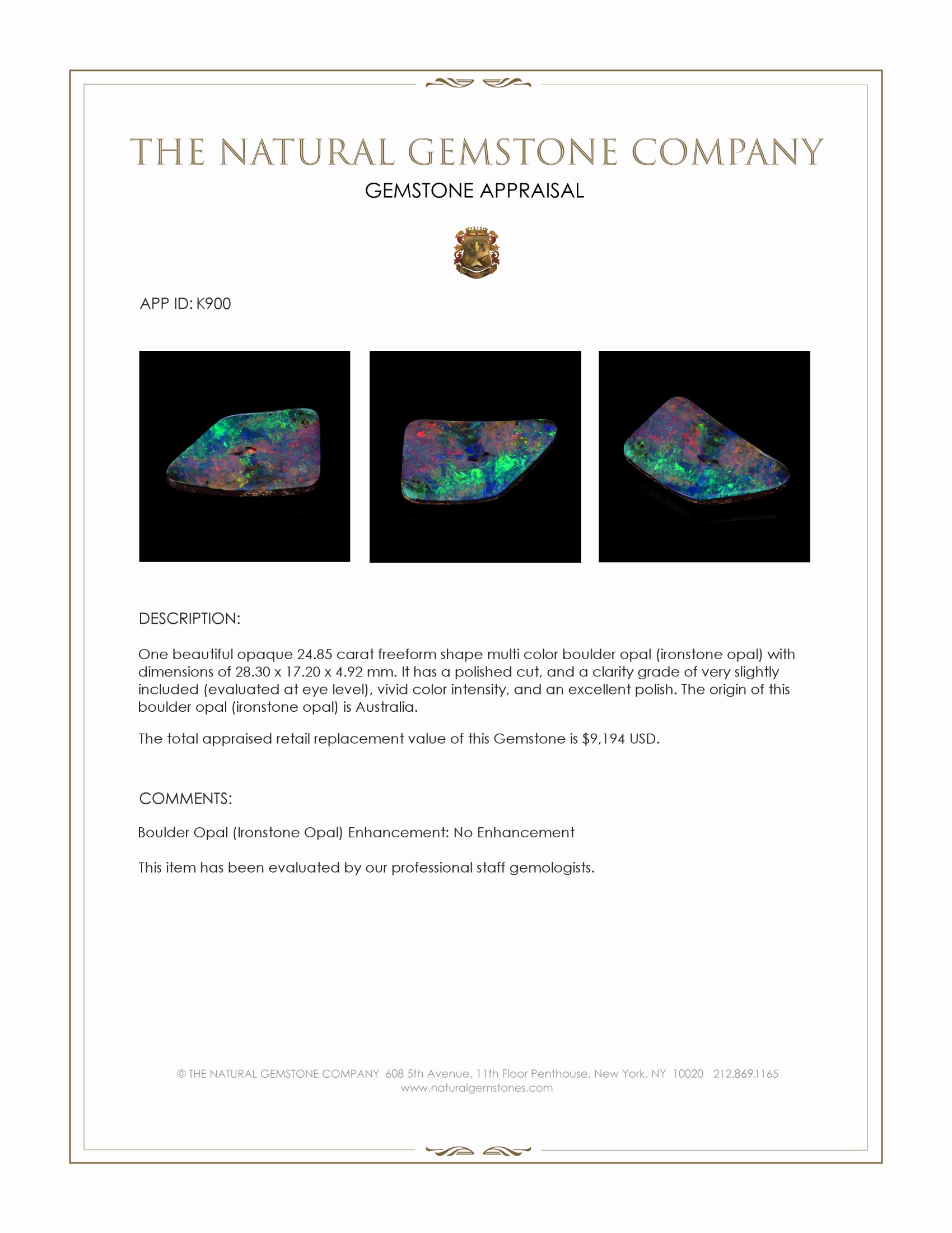 24.85 Ct. Multi Color Boulder Opal (Ironstone Opal) from Australia