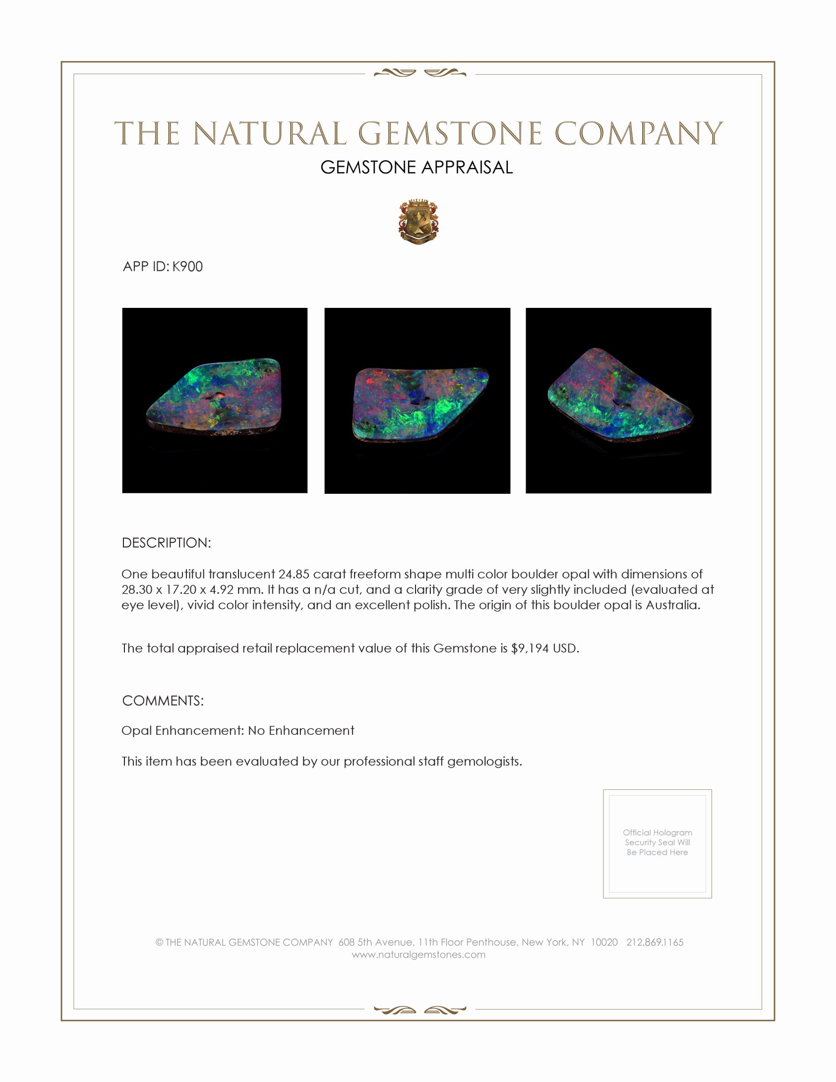 24.85 Ct. Boulder Opal from Australia