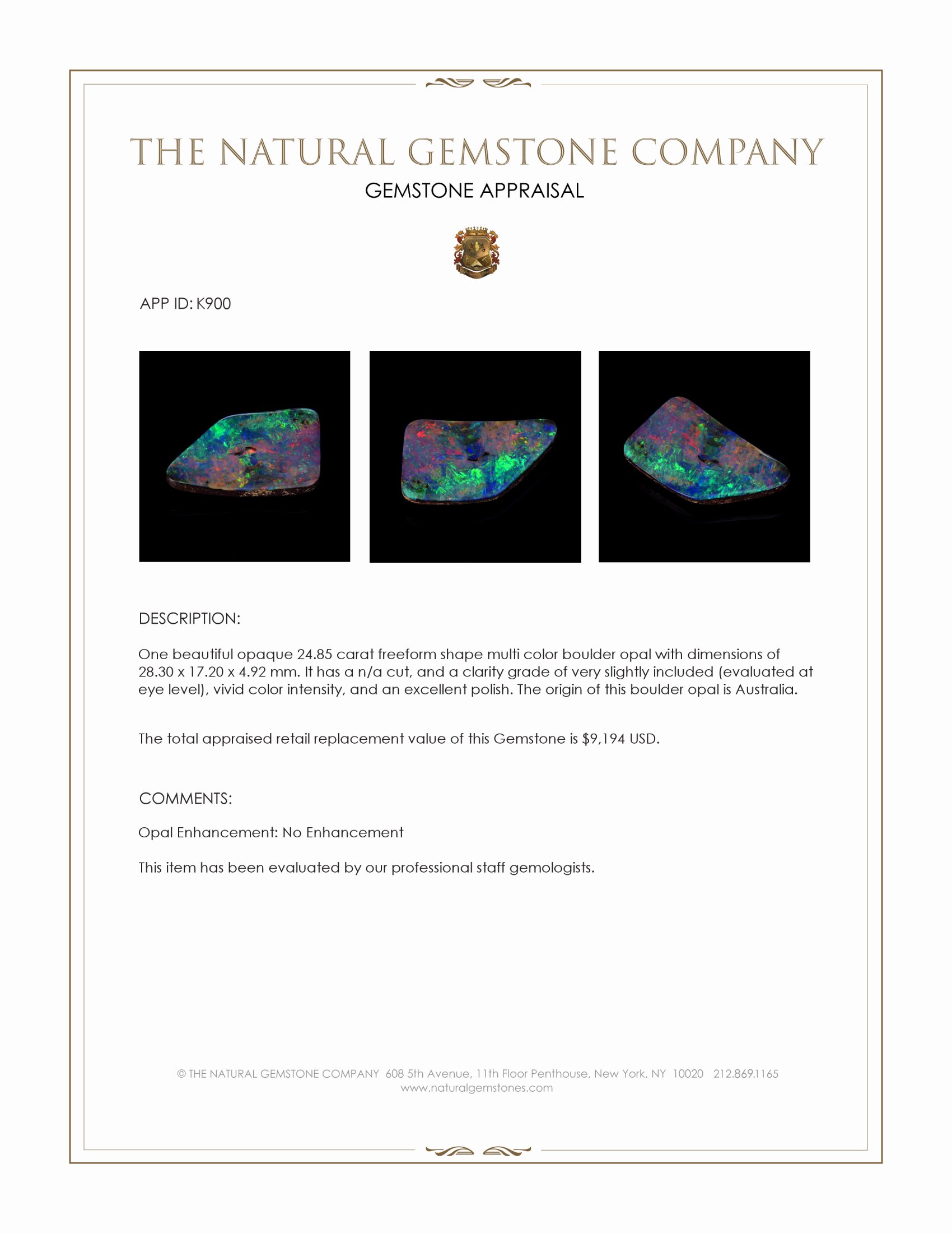 24.85 Ct. Boulder Opal from Australia