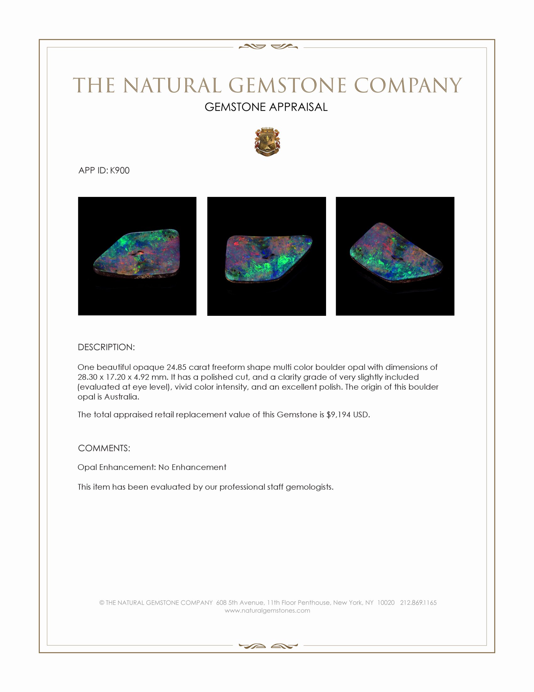 24.85 Ct. Multi Color Boulder Opal from Australia