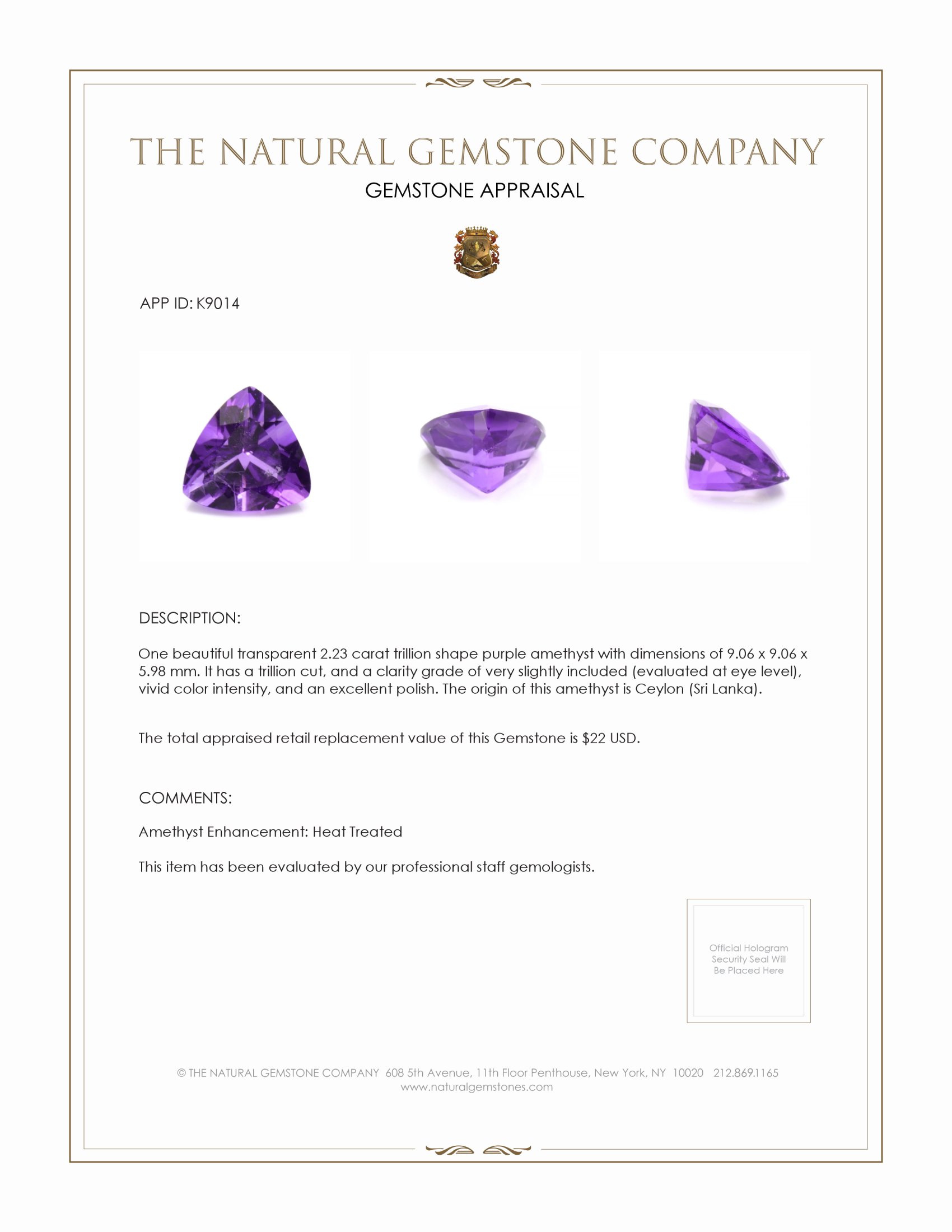 2.23 Ct. Amethyst from Ceylon (Sri Lanka)
