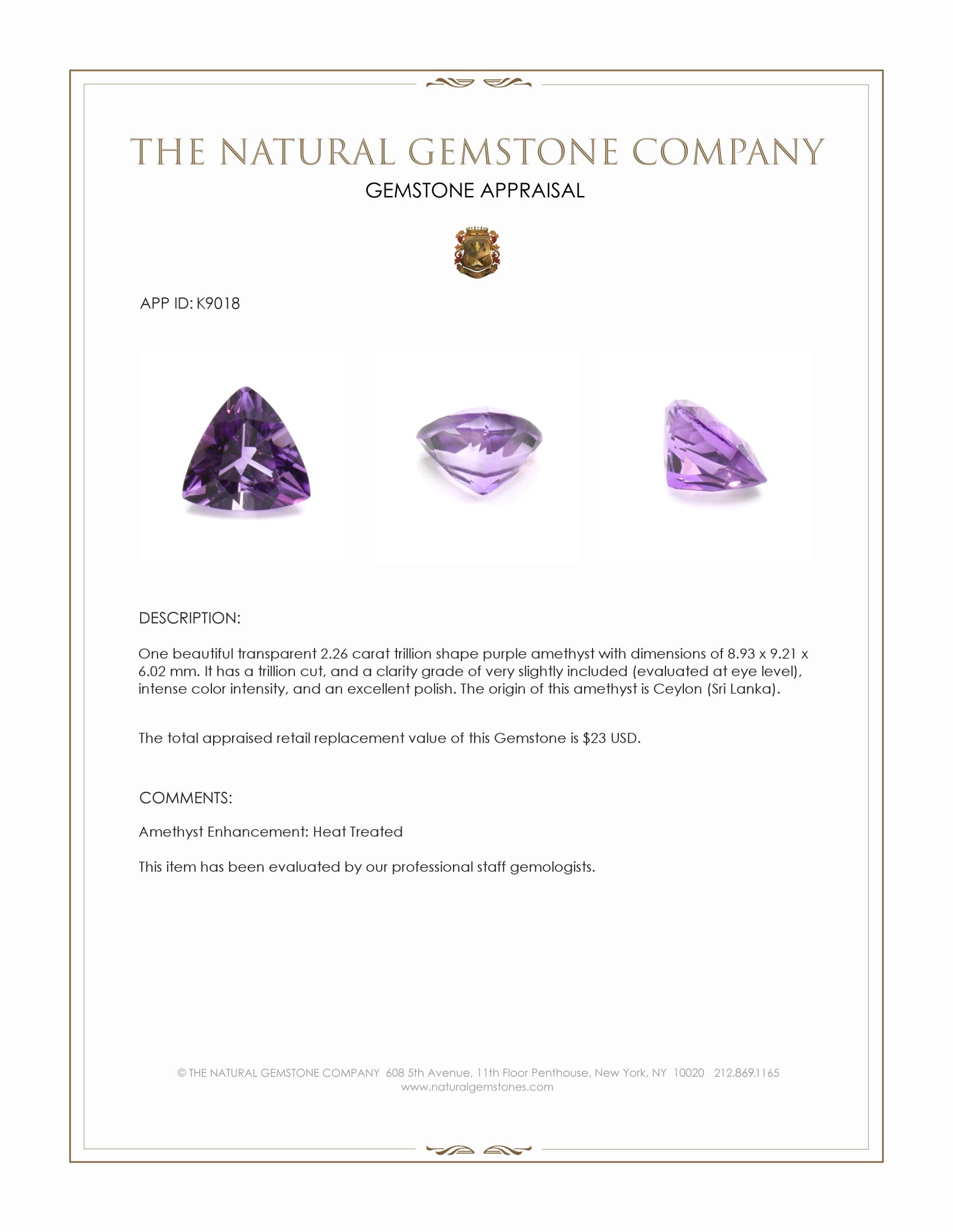 2.26 Ct. Amethyst from Ceylon (Sri Lanka)