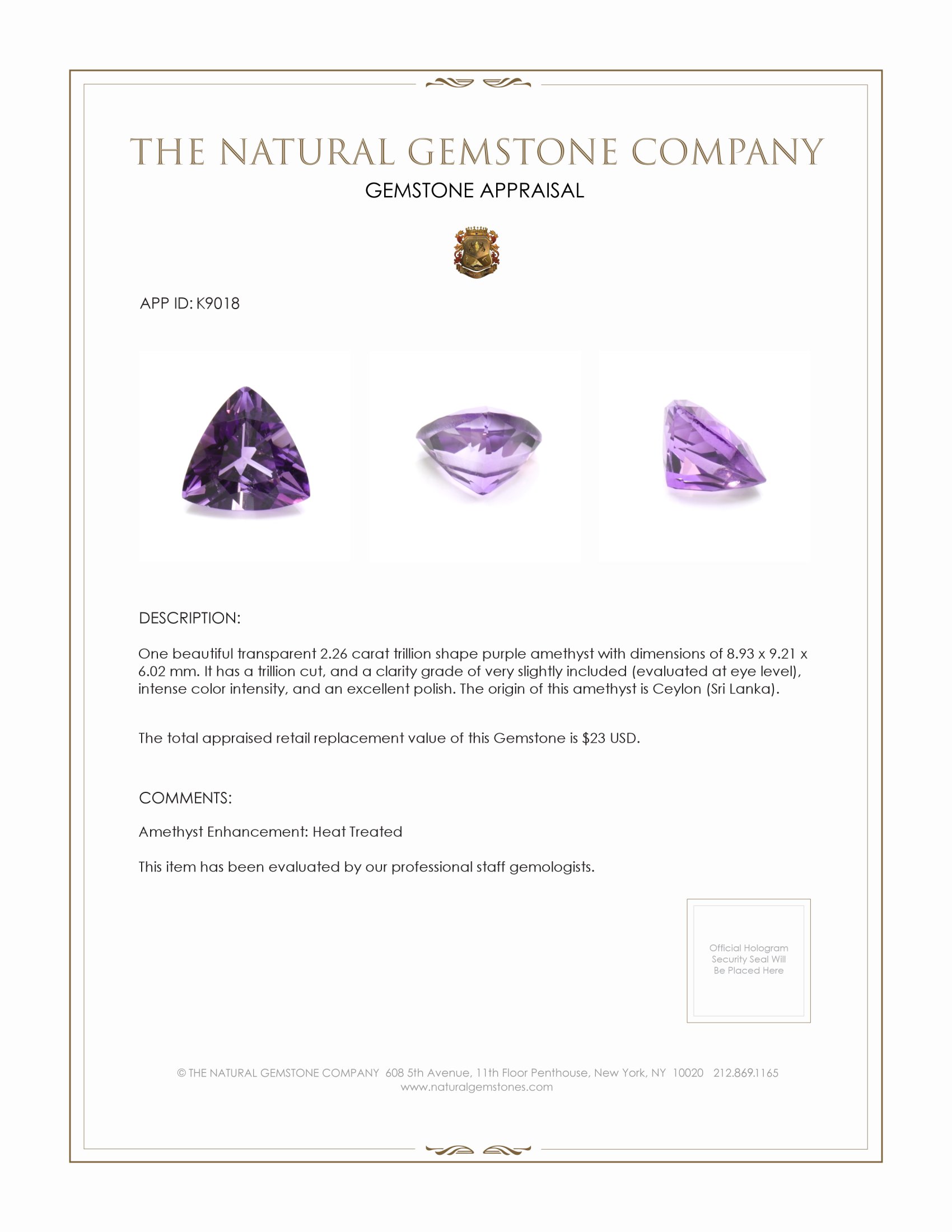 2.26 Ct. Amethyst from Ceylon (Sri Lanka)