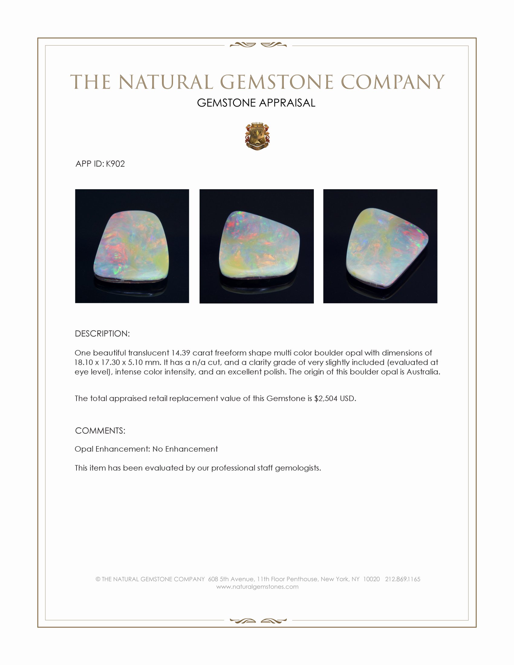 14.39 Ct. Multi Color Boulder Opal from Australia