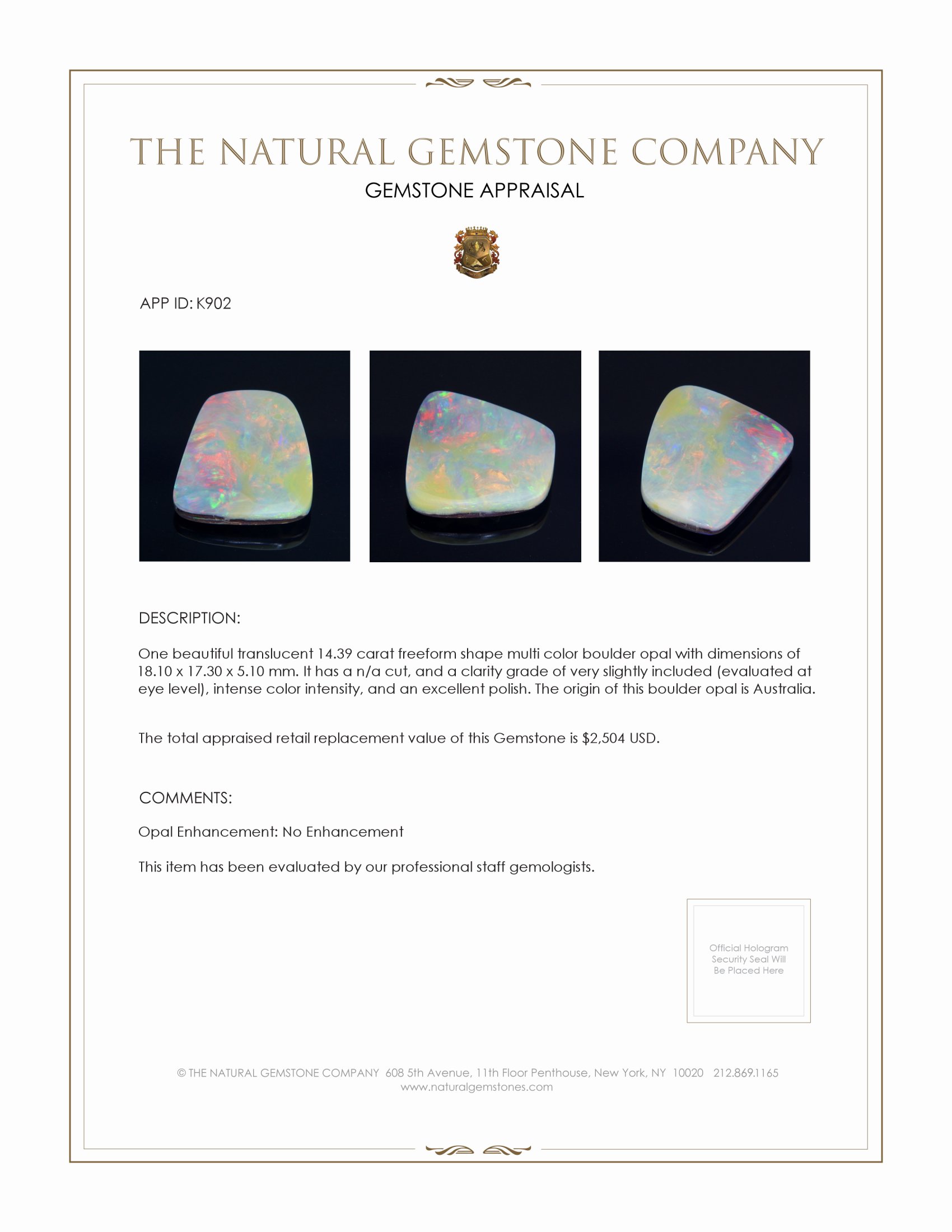 14.39 Ct. Boulder Opal from Australia