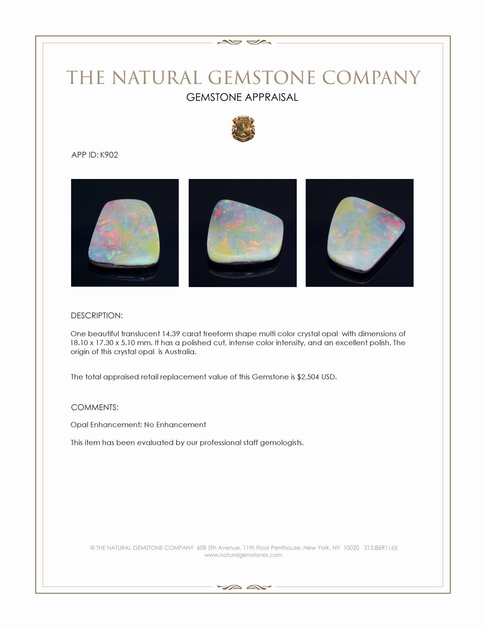 14.39 Ct. Multi Color Crystal Opal (Jelly Opal) from Australia