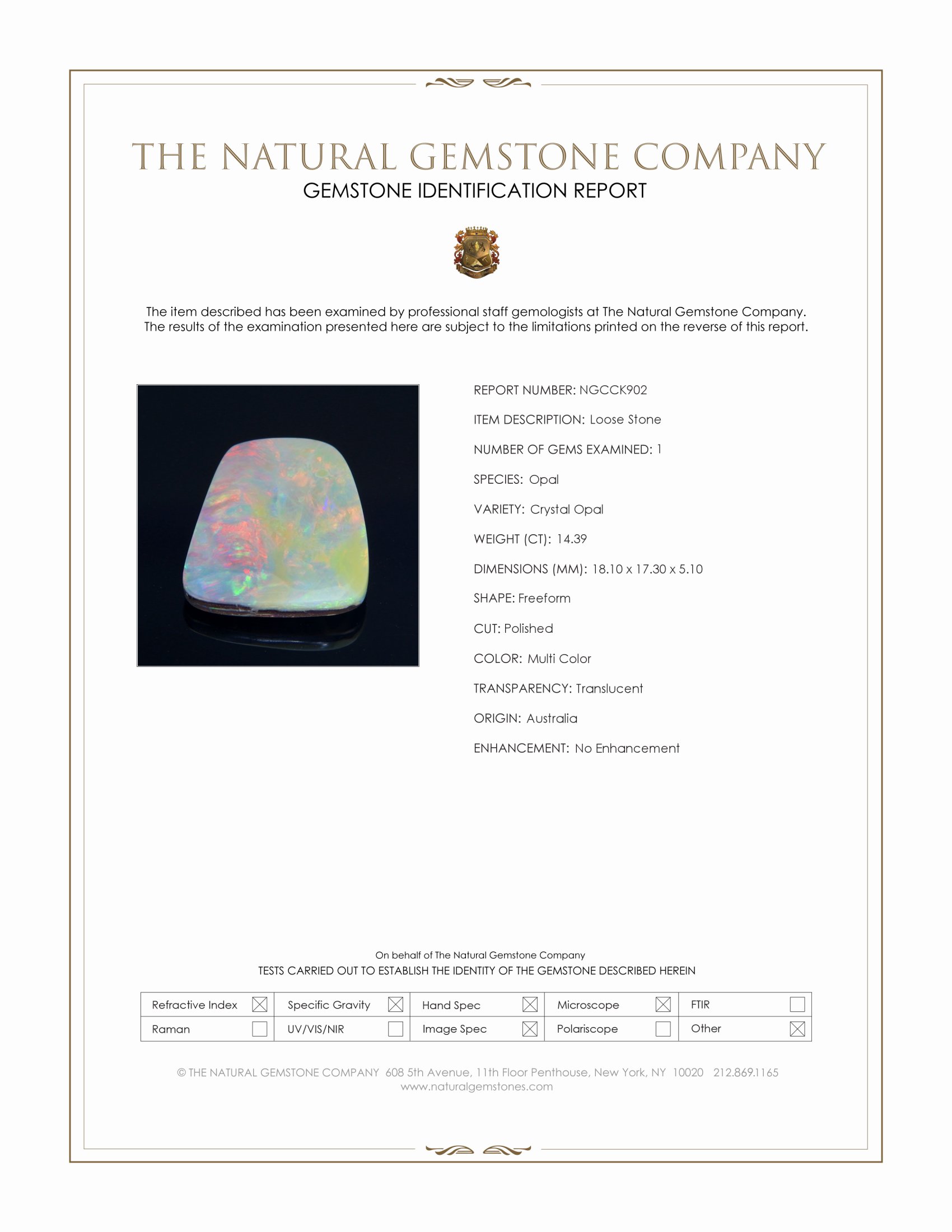14.39 Ct. Multi Color Crystal Opal (Jelly Opal) from Australia