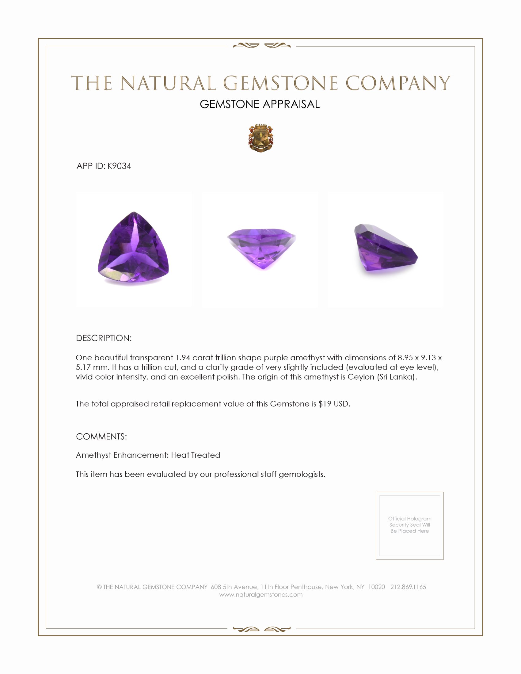 1.94 Ct. Amethyst from Ceylon (Sri Lanka)
