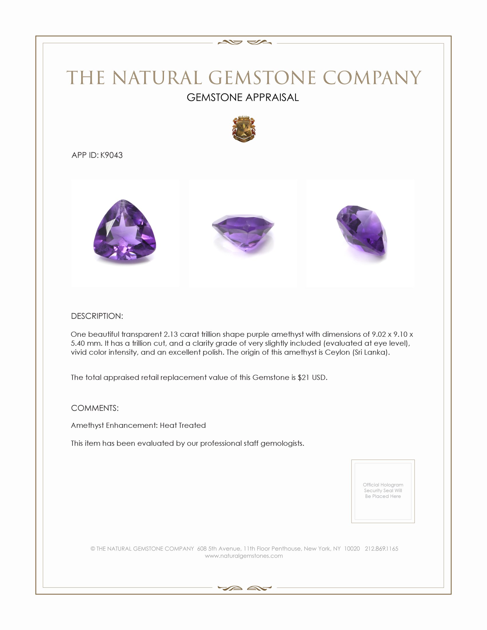 2.13 Ct. Amethyst from Ceylon (Sri Lanka)