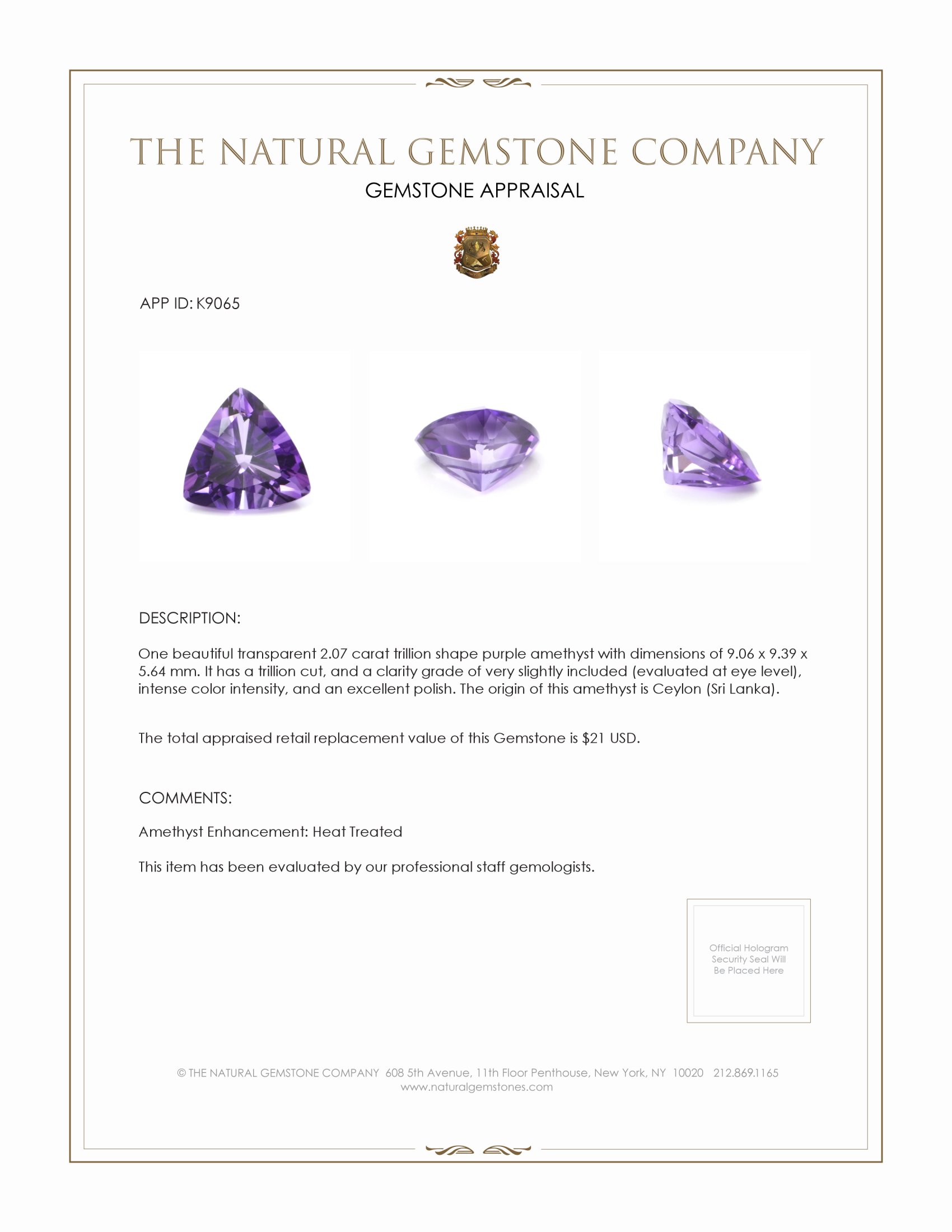 2.07 Ct. Purple Amethyst from Ceylon (Sri Lanka)