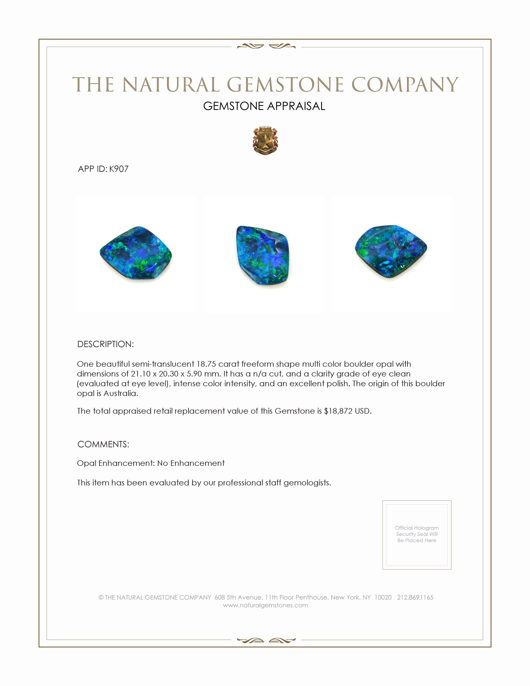 18.75 Ct. Boulder Opal from Australia