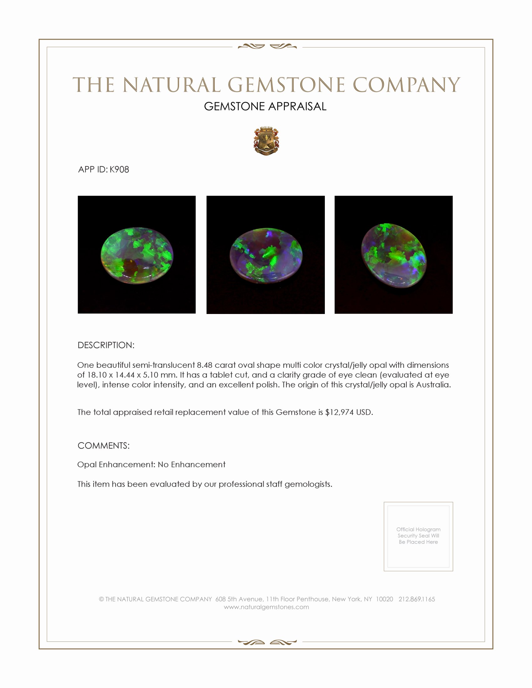 8.48 Ct. Multi Color Crystal Opal (Jelly Opal) from Australia