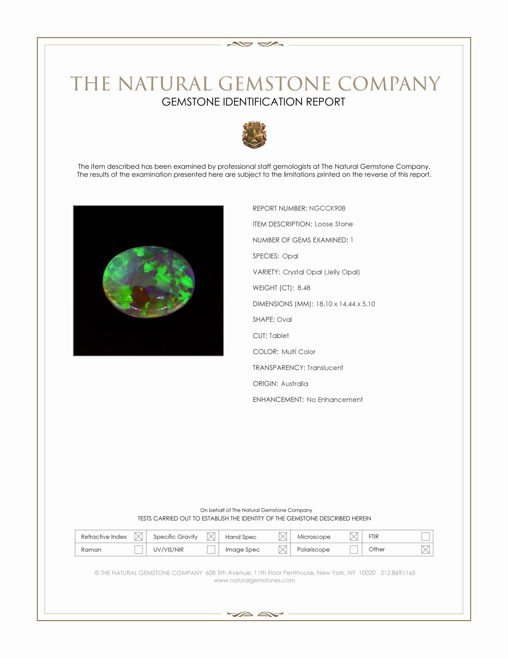 8.48 Ct. Multi Color Crystal Opal (Jelly Opal) from Australia