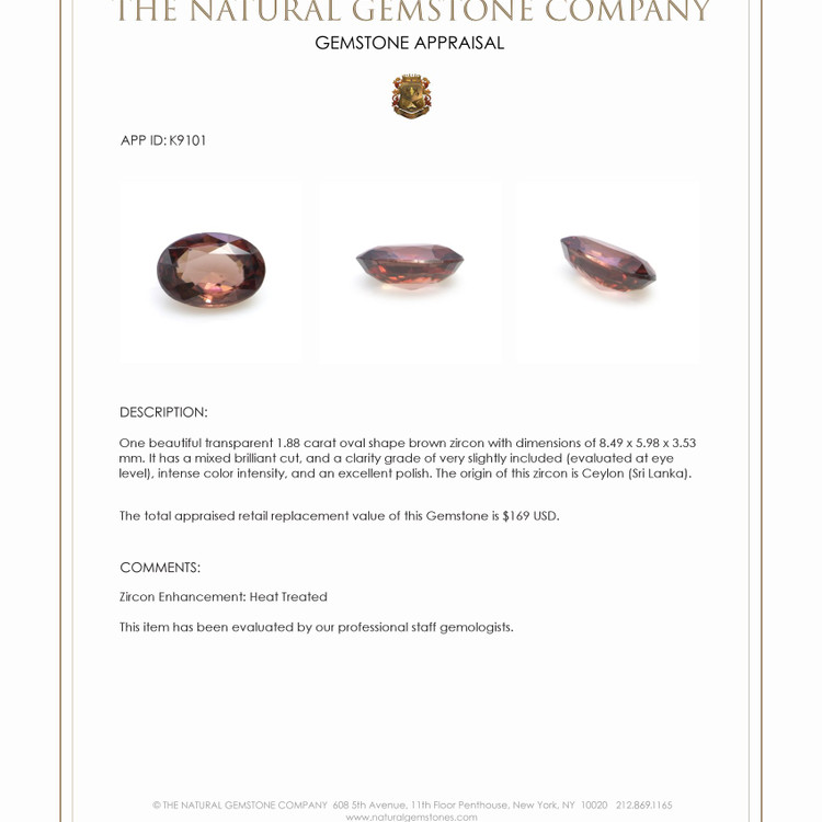 1.88 Ct. Zircon from Ceylon (Sri Lanka)