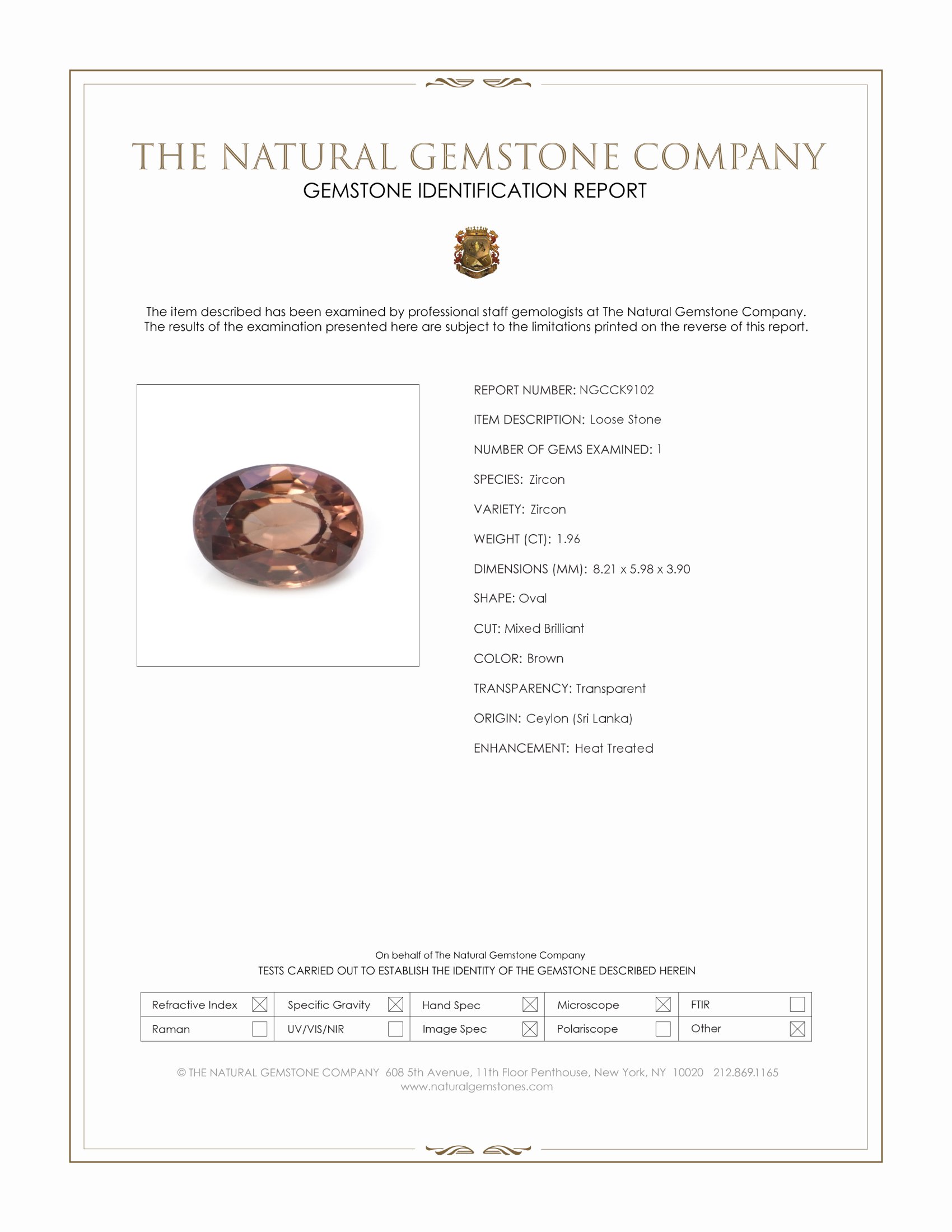 1.96 Ct. Brown Zircon from Ceylon (Sri Lanka)