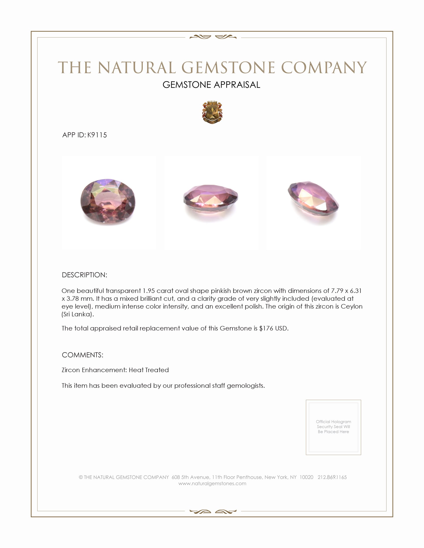 1.95 Ct. Zircon from Ceylon (Sri Lanka)