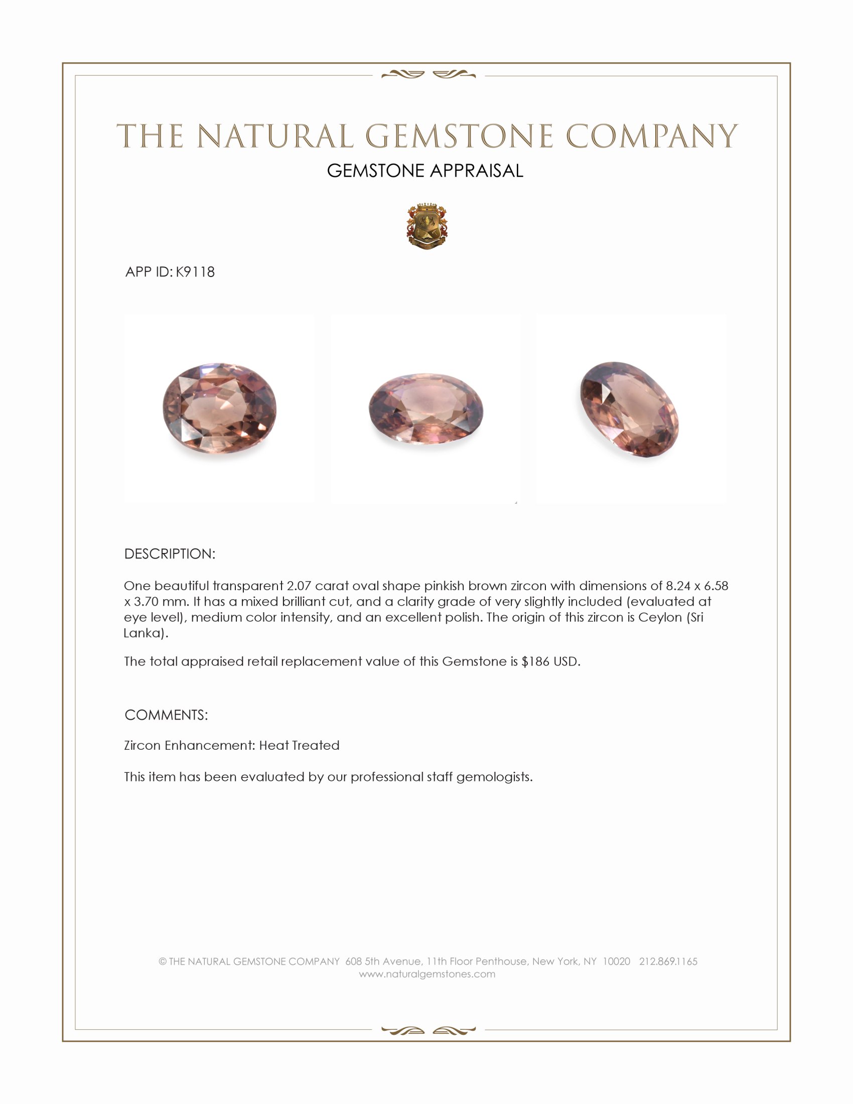 2.07 Ct. Pinkish Brown Zircon from Ceylon (Sri Lanka)