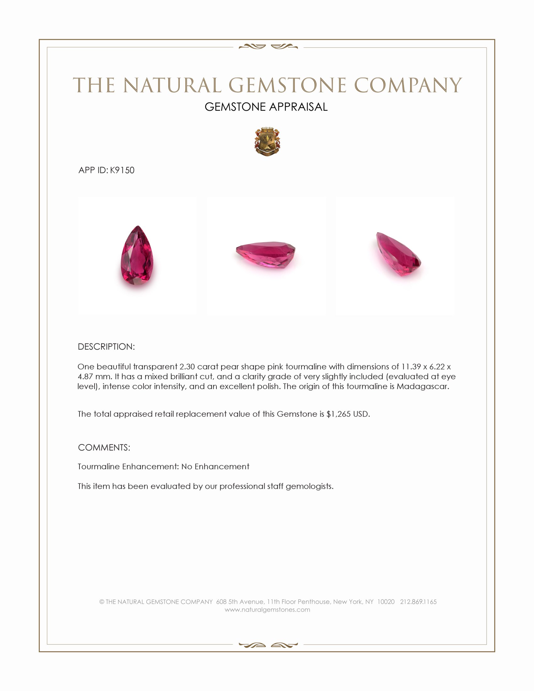 2.30 Ct. Pink Tourmaline from Madagascar