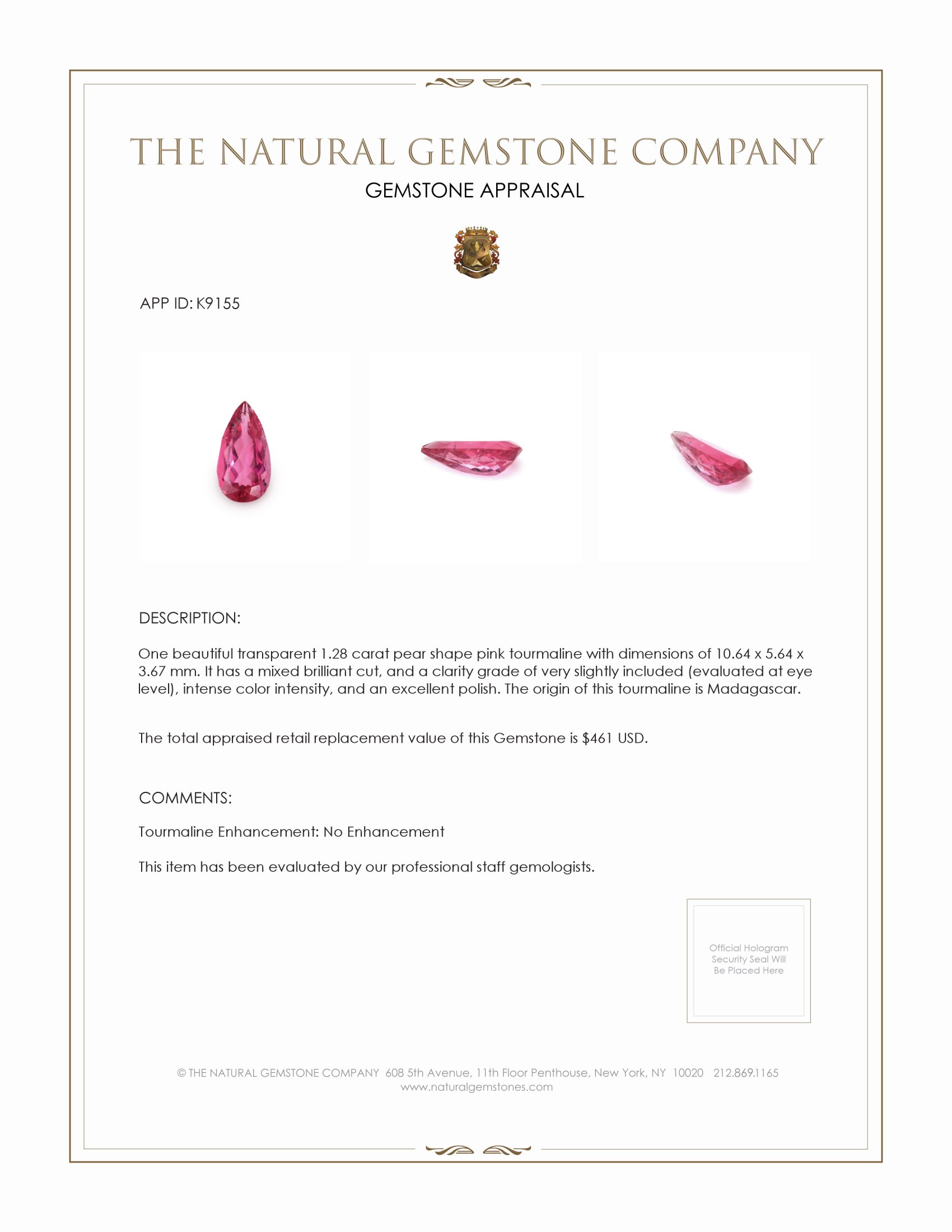 1.28 Ct. Pink Tourmaline from Madagascar