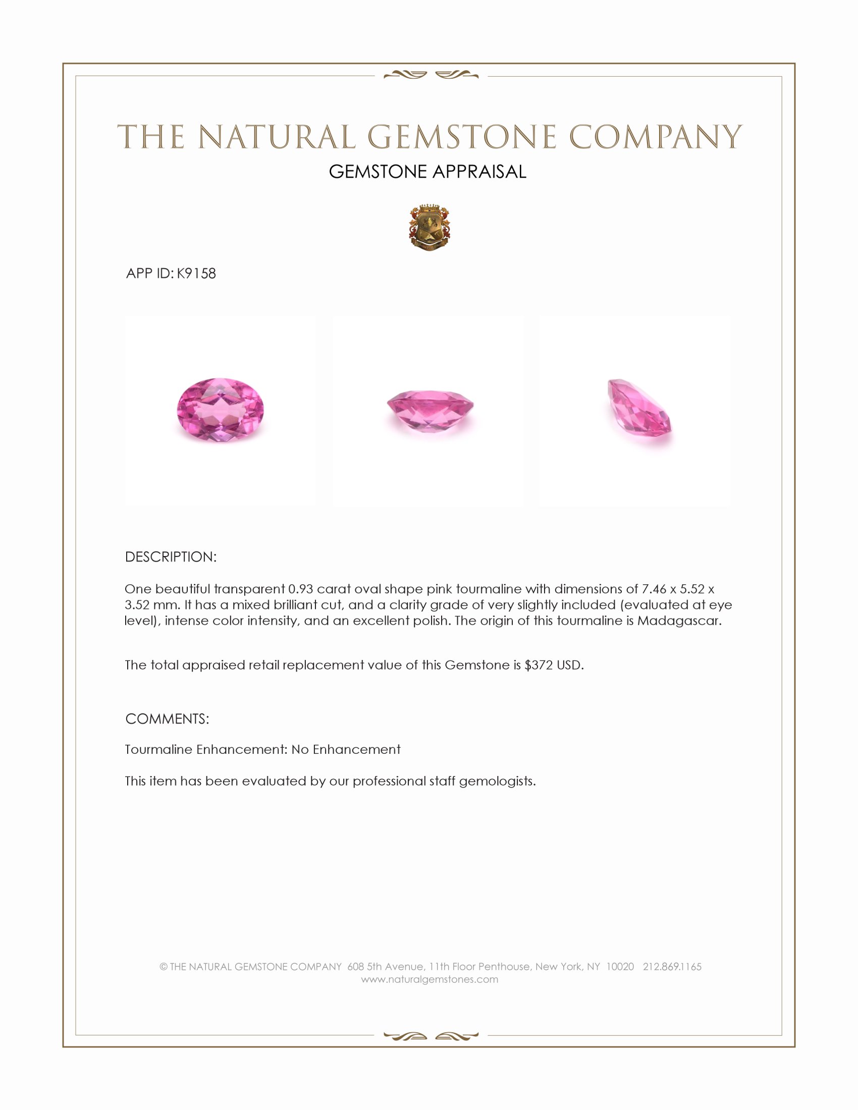 0.93 Ct. Pink Tourmaline from Madagascar